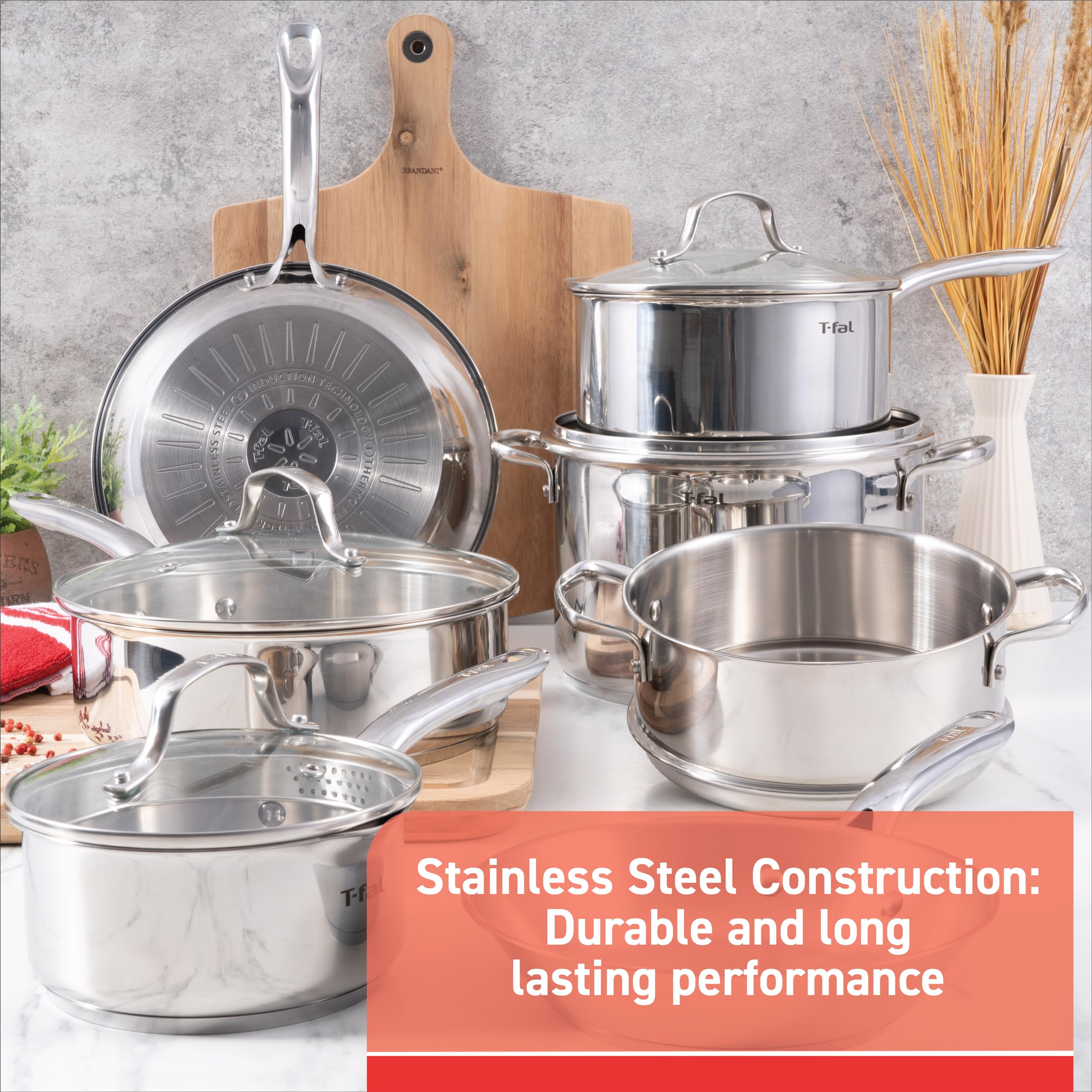 T-fal Gourmet Stainless Steel Cookware Set 11 Piece, Induction, Oven Broiler Safe 500F, Kitchen Cooking Set w/Fry Pans, Saucepan