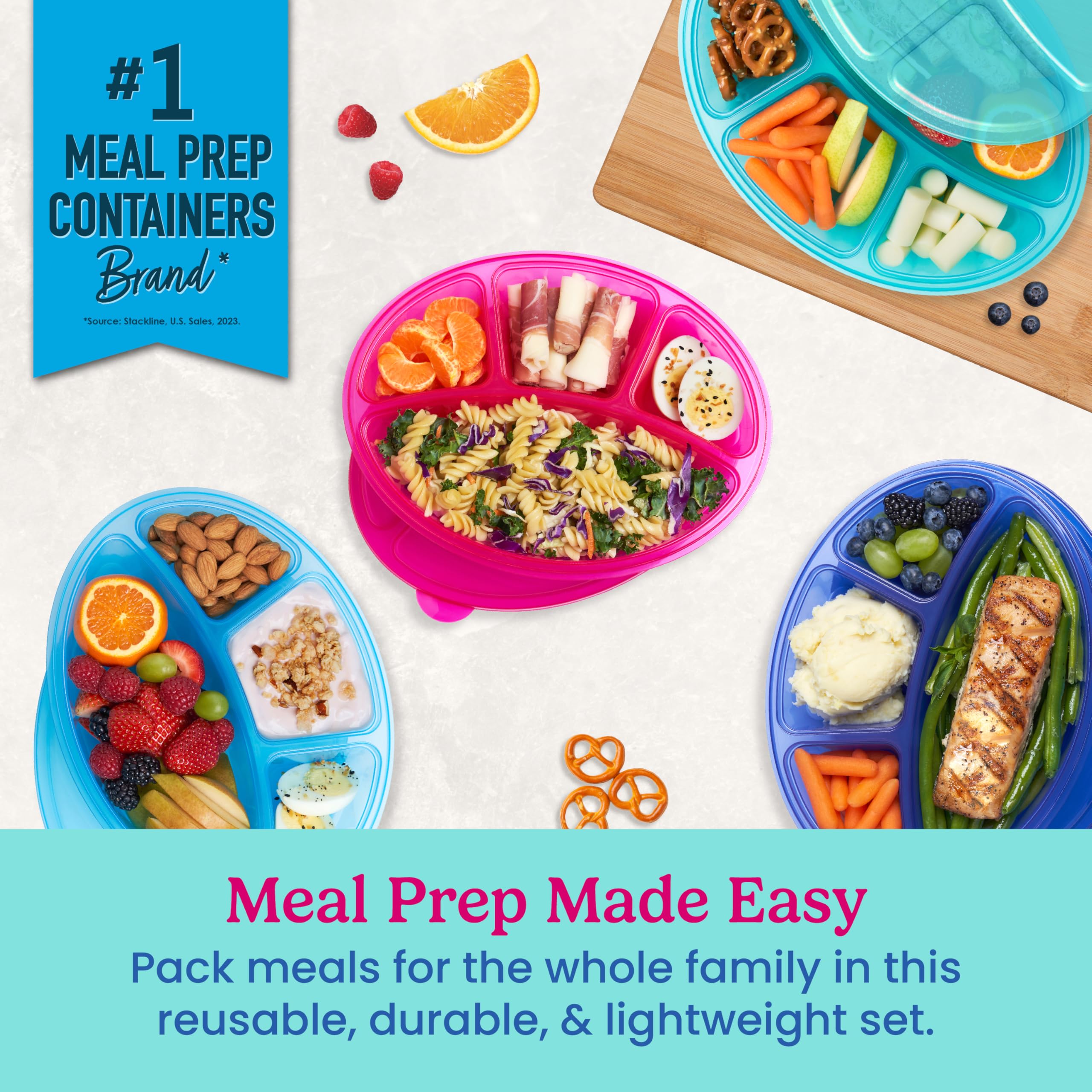 Bentgo Easyboxes 4-Compartment Oval Containers - Patented Design 8-Piece Set; 4 Trays & 4 Fitted Lids Seal In Freshness; Reusabl