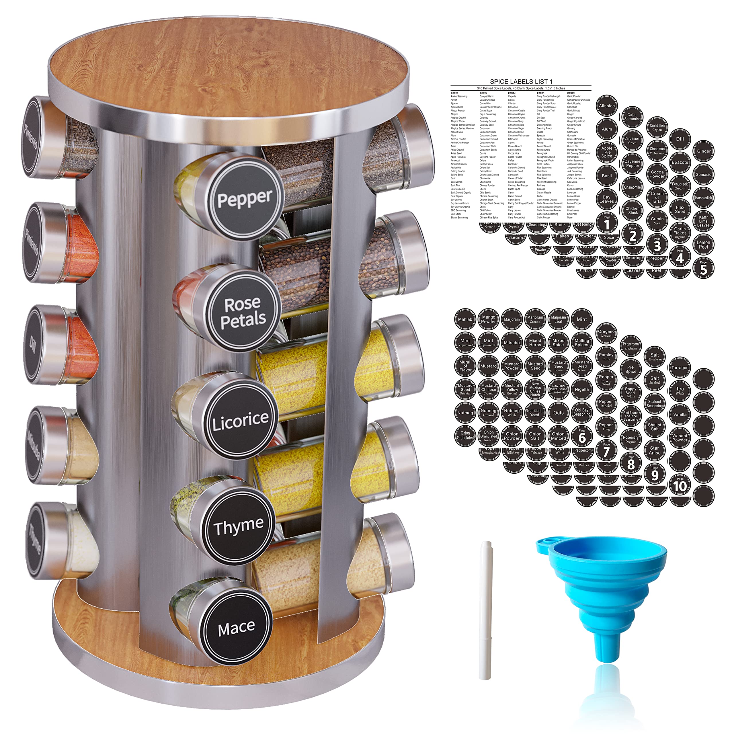 Revolving Spice Rack Set with 20 Spice Jars, Kitchen Spice Tower Organizer for Countertop or Cabinet -- Carousel Storage Include