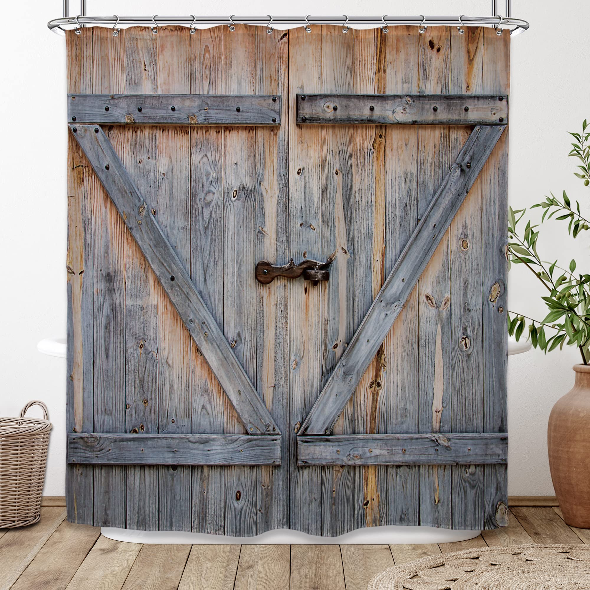 Riyidecor Extra Long Rustic Barn Door Shower Curtain Farmhouse Wooden Vintage Plank Country Barn Wood 72Wx78H Inch Vintage Retro