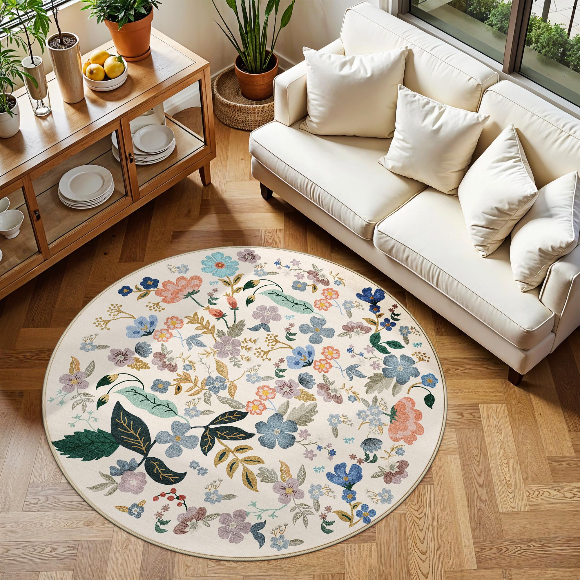 Washable Floral Round Rugs for Bedroom - 4x4 Feet Circle Area Rugs for Living Room Nursery Non-Slip Stain Resistant Ultra Soft C