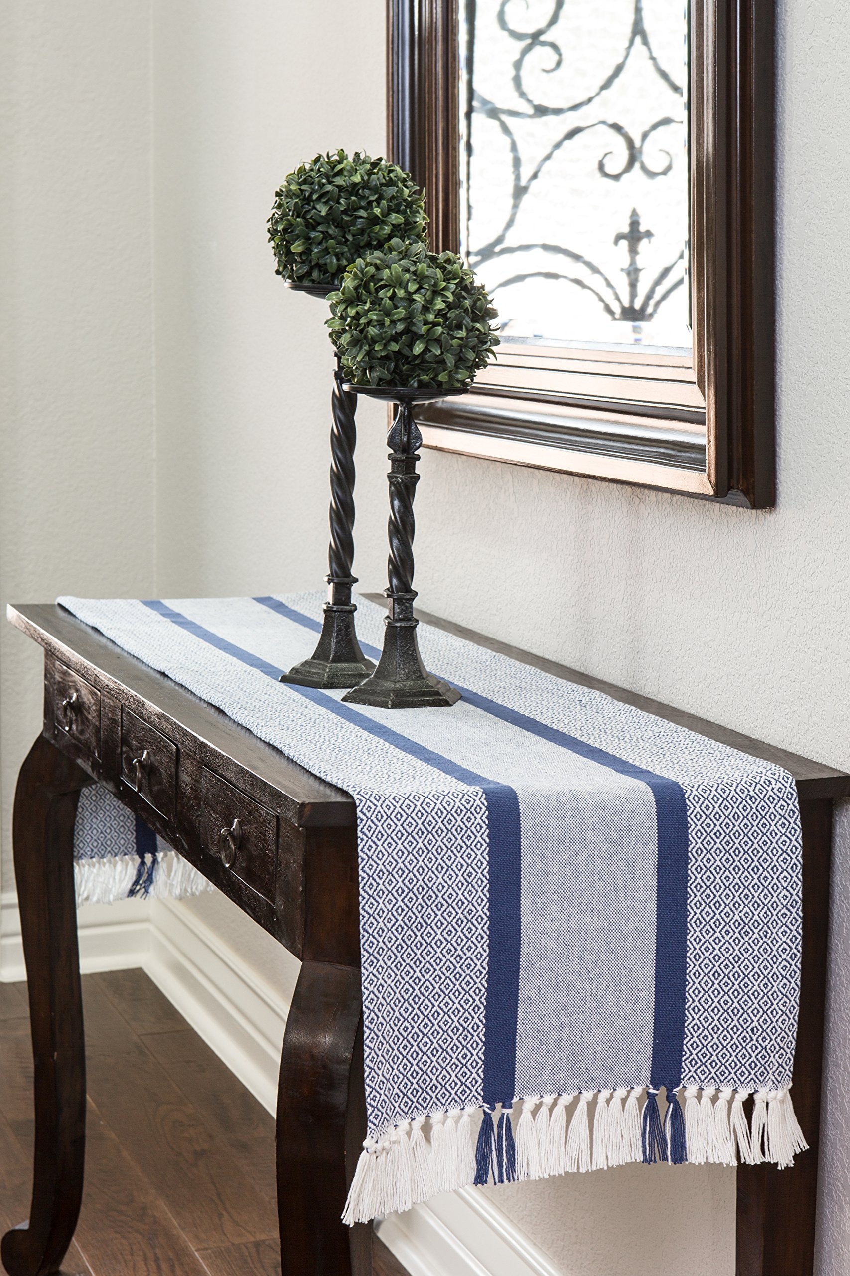 Table Runner Cotton Farmhouse Boho 14x72 in  Table D?cor for Kitchen or Dining  Blue Cloth Woven Striped Table Runners