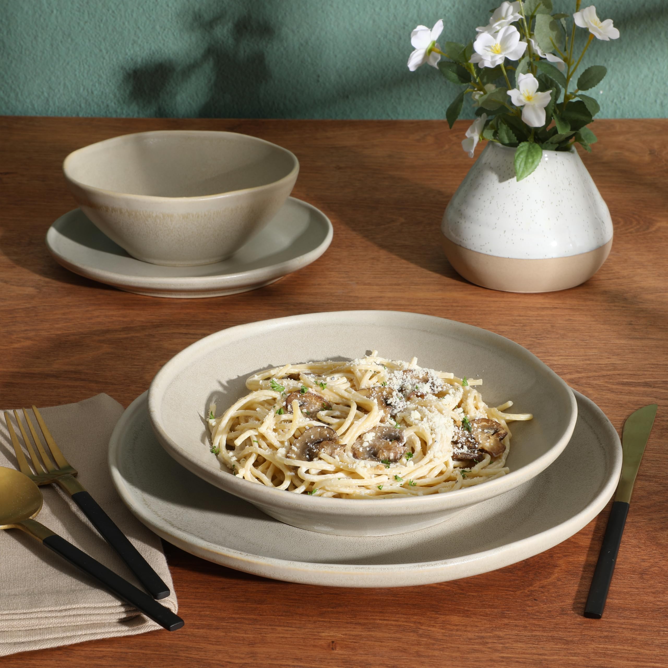 Gibson Elite Island Cove 16 Piece (Service for 4) Plates and Bowls Reactive Glaze Organic Round Dishes Stoneware Ceramic Dinnerw