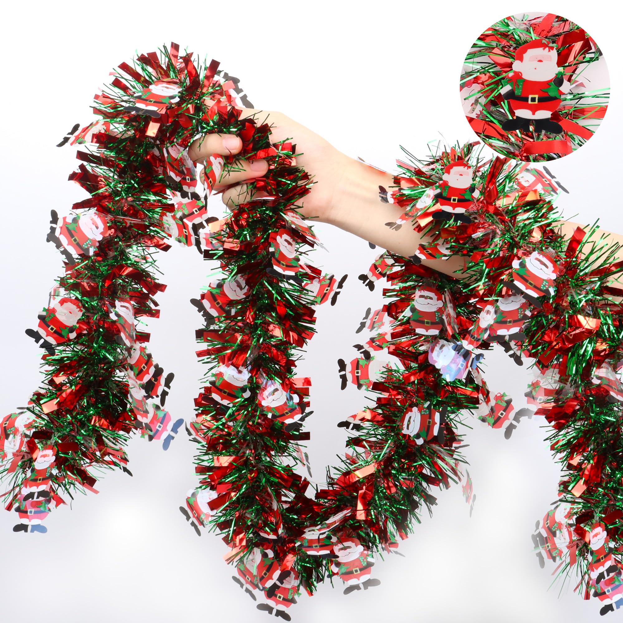 33FT Red Green Christmas Tinsel Garland with Santa Claus Ornaments Christmas Garland Christmas Decorations, Metallic Christmas T