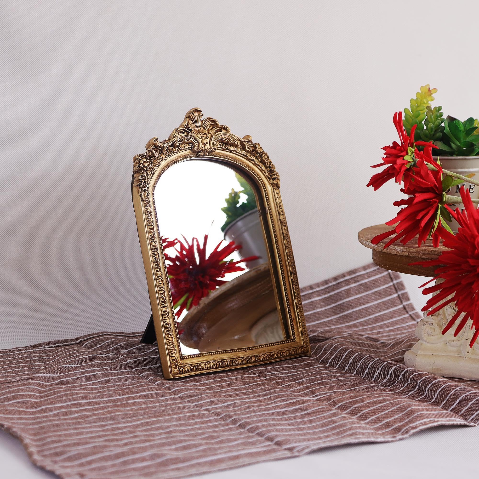 Hsddhome Small Gold Vintage Vanity Desk Makeup Mirror Antique Decorative Wall Mirror,Resin Carved Arch Table Mirror With Stand F