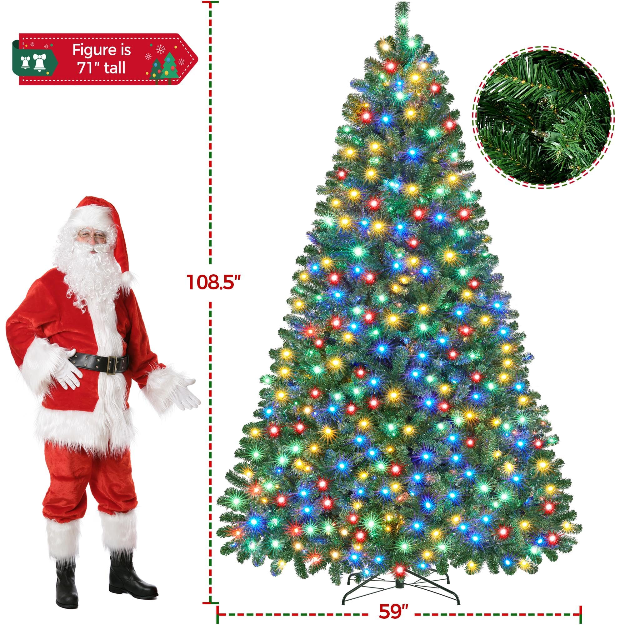 Yaheetech 9ft Pre-lit Spruce Artificial Christmas Tree Hinges Tree with 850 Multicolor LED Lights & 2160 Branch Tips & Metal Sta