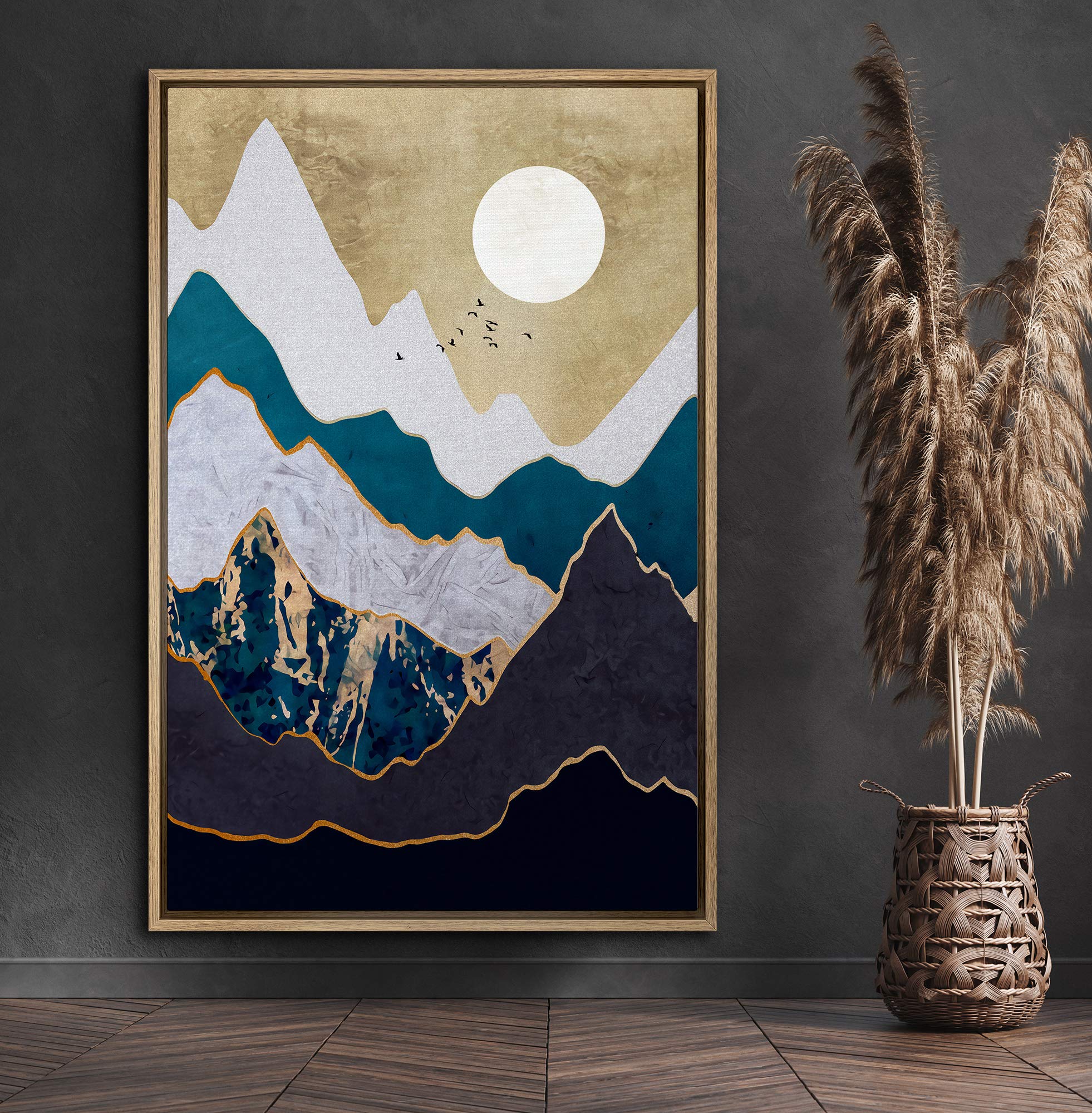 Signford Framed Canvas Print Wall Art Granite Mountains With Golden Mountain Outline Abstract Wilderness Illustrations Modern Ar