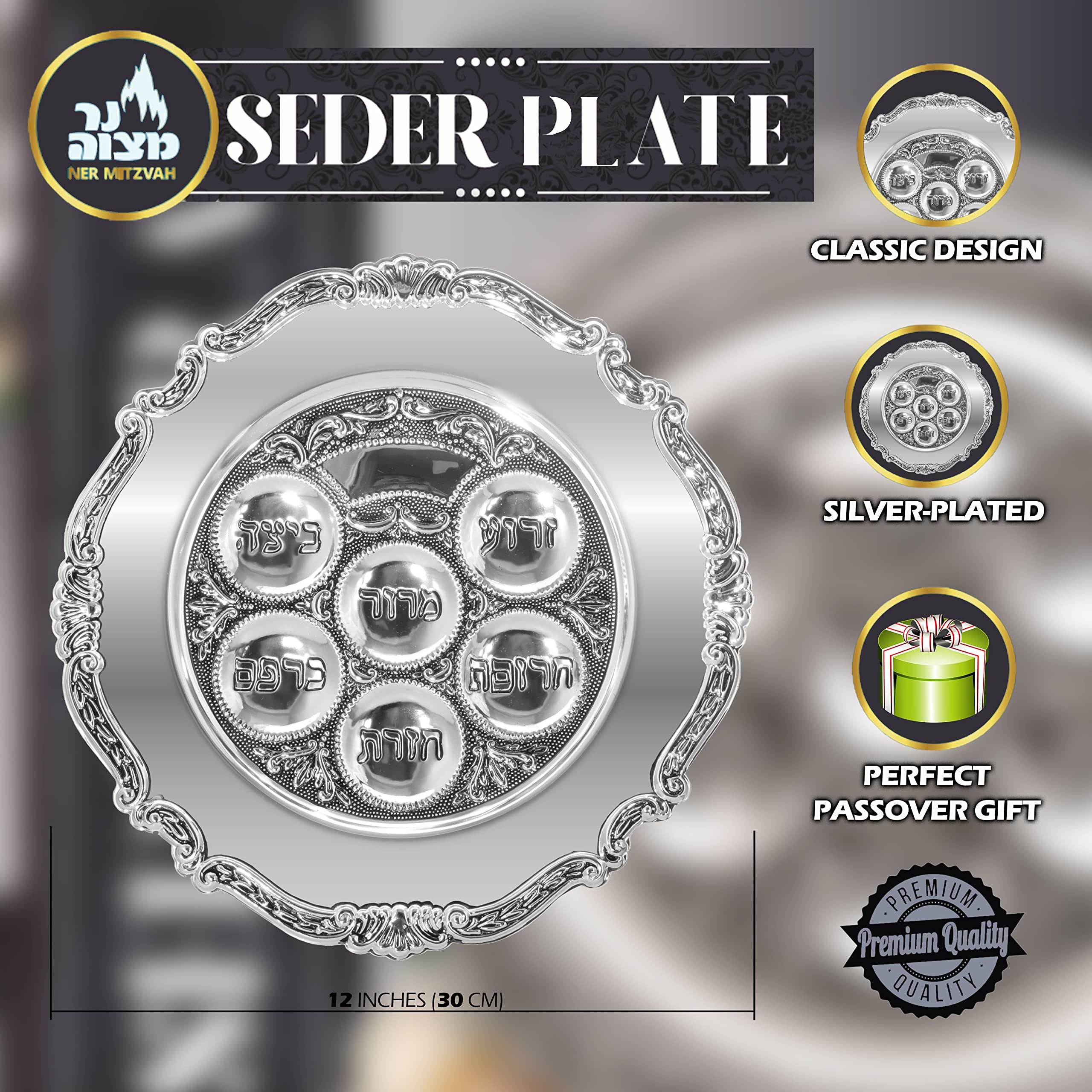Ner Mitzvah Silver Plated Passover Seder Plate - Traditional Judaica Passover Seder Plate - Kaarah Shallow Traditional Design La