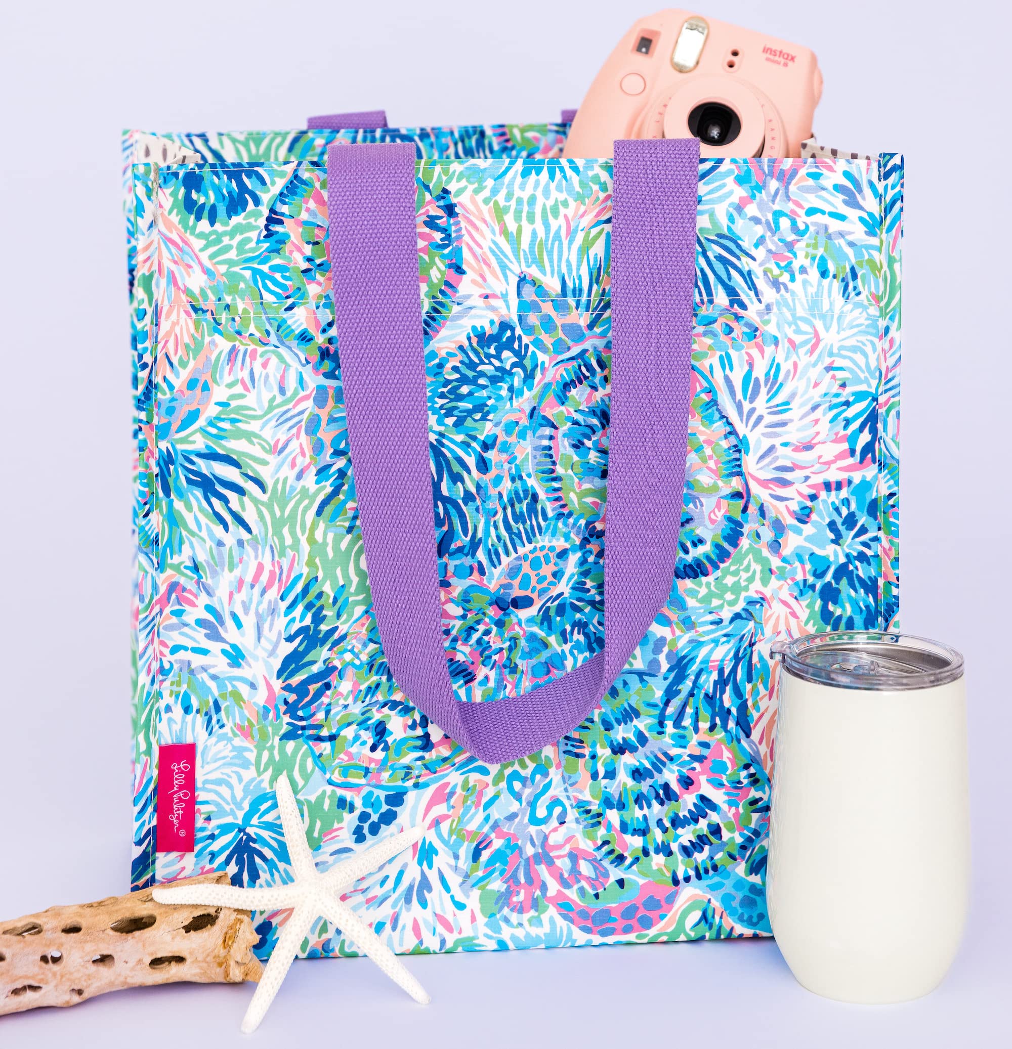 Lilly Pulitzer Purple/Blue Market Shopper Bag, Reusable Grocery Tote With Comfortable Shoulder Straps, Shell Of A Party
