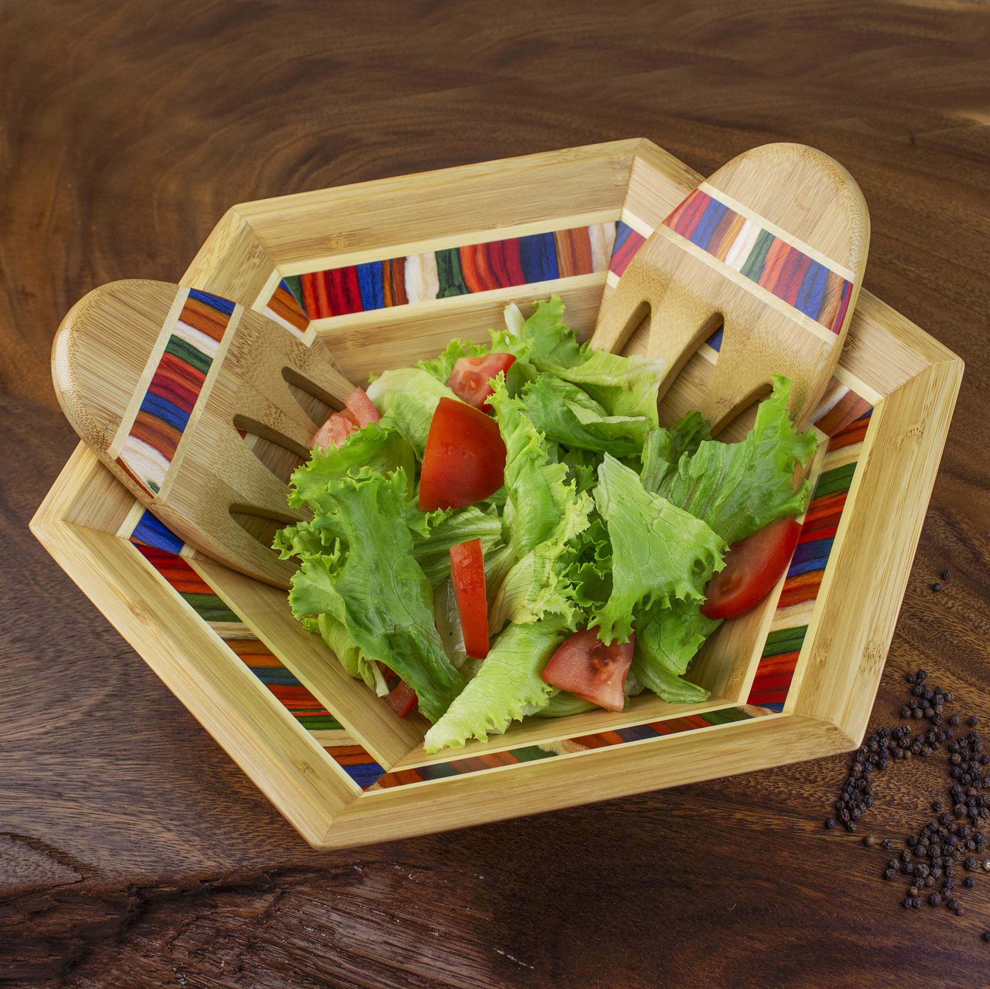 Totally Bamboo 14" Marrakesh Salad Serving Bowl with Salad Hands, Birch Wood, Large, Model 20-9571