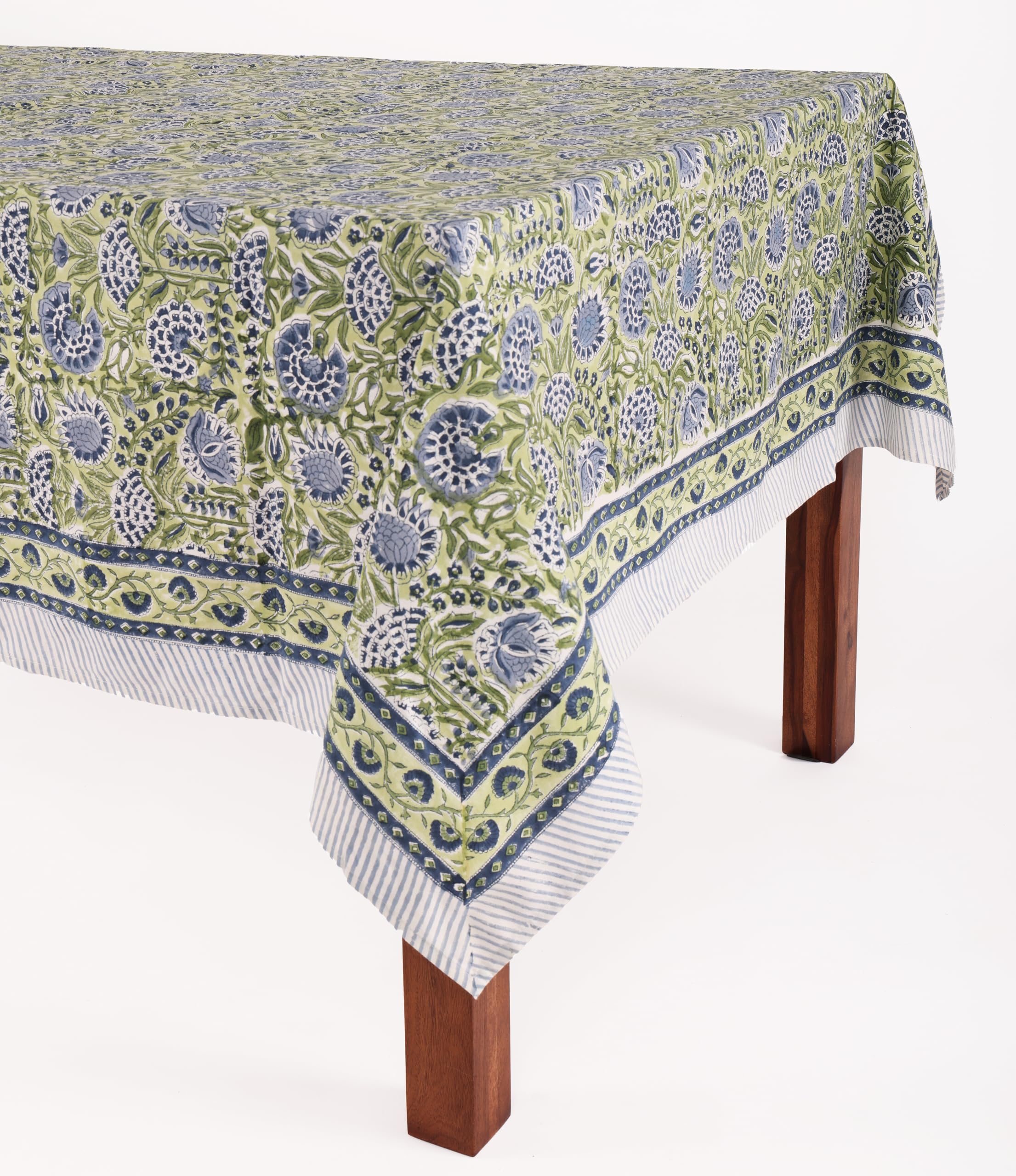 ATOSII Morocco Blue 100% Cotton Tablecloth, Handblock Print Rectangle Table Cover for Kitchen Dining I Tabletop Linen I Parties,