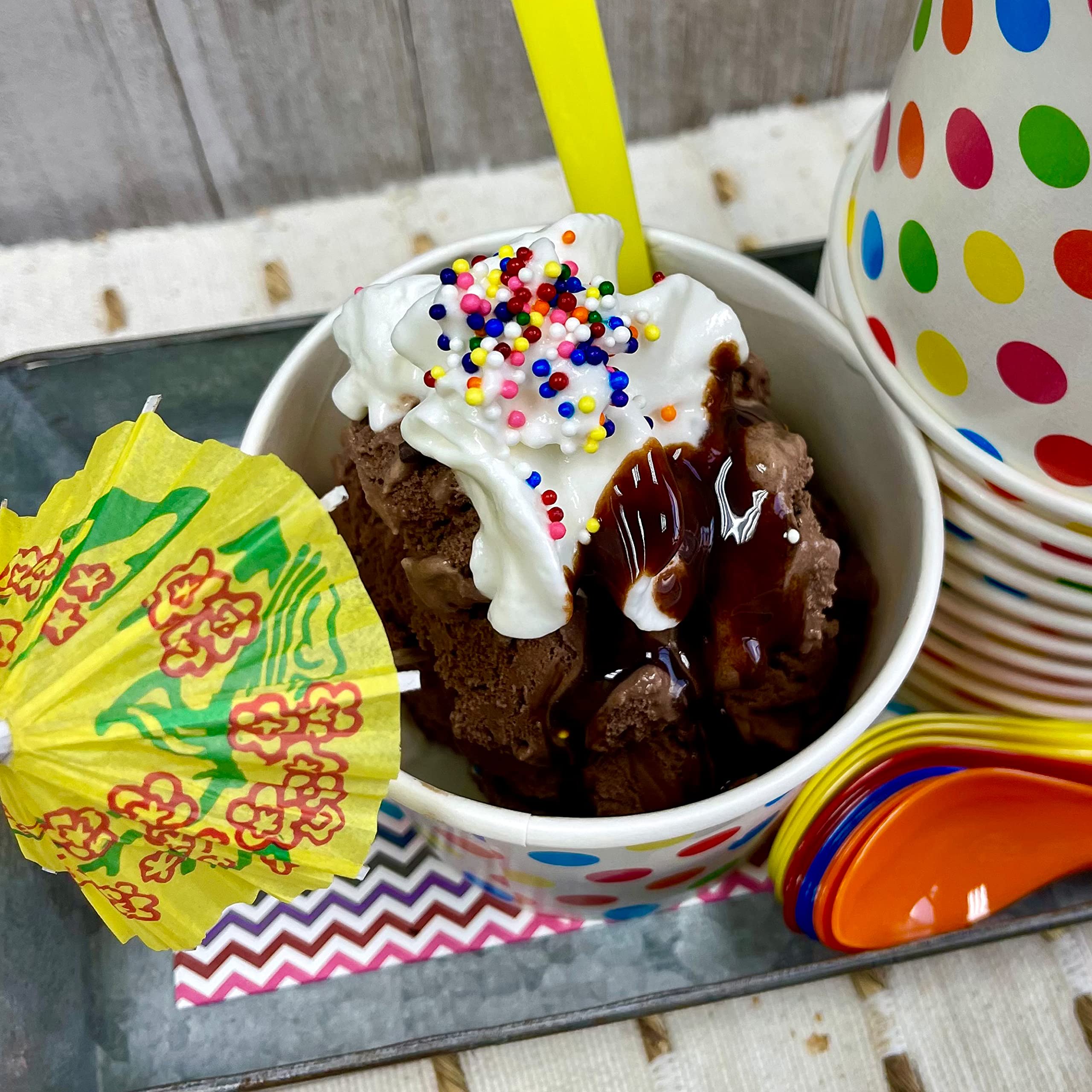 Ice Cream Sundae Kit - 12 Ounce Polka Dot Paper Treat Cups - Heavyweight Plastic Spoons - Paper Umbrellas - 12 Each Pink Orange