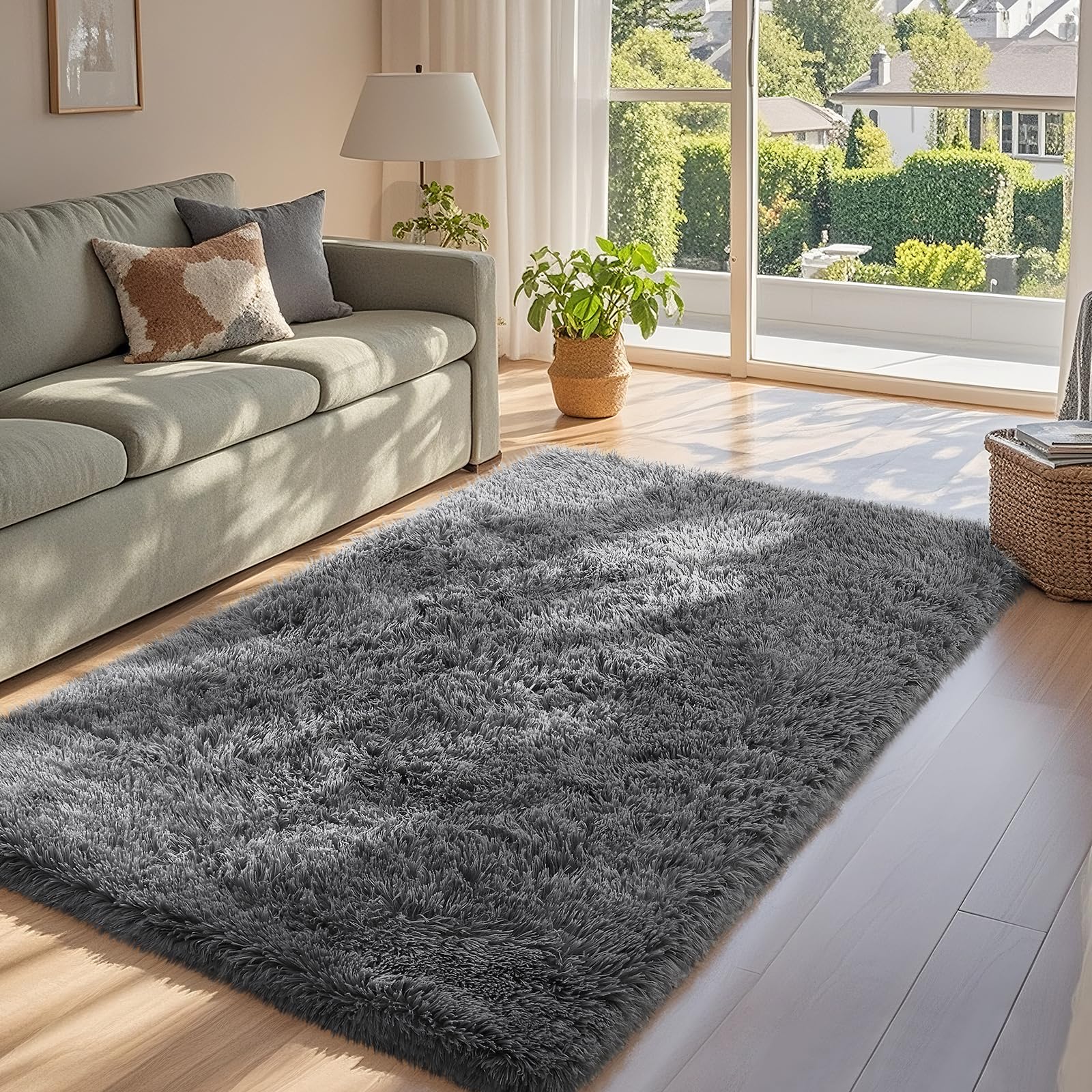 Ophanie 3x5 Rug, Bedside Preppy Dorm Area Rug, College Essentials Non Slip Grey Small Carpets for Bedroom, Anti Slip Fluffy Gray
