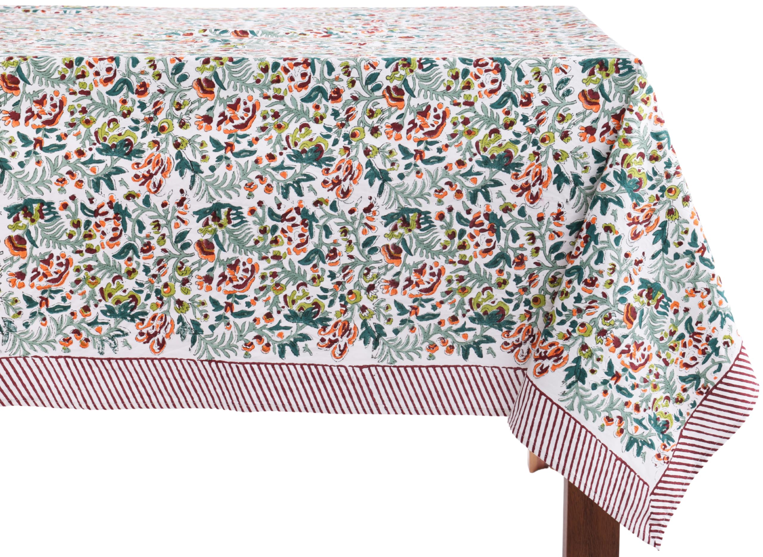 ATOSII Ambrosia Green 100% Cotton Rectangle Fall Tablecloth, Handblock Floral Print Linen Table Cloth for Kitchen Dining I Weddi