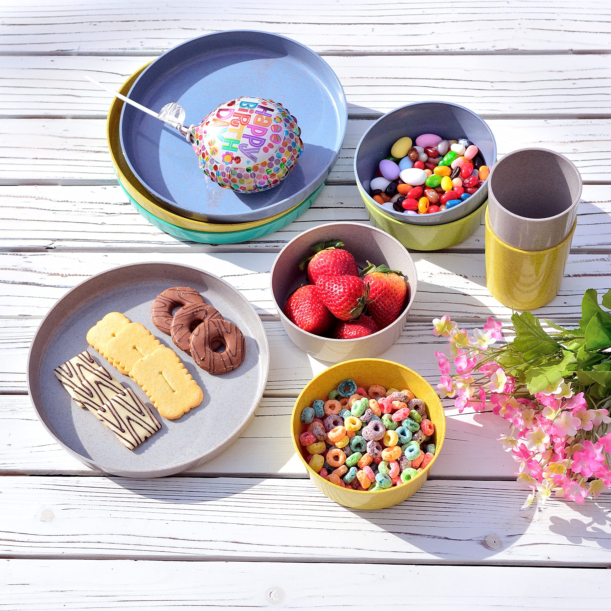 Youngever Bamboo Plastic Kids Dinnerware Set (15Pcs Bowls, Plates, Cups)