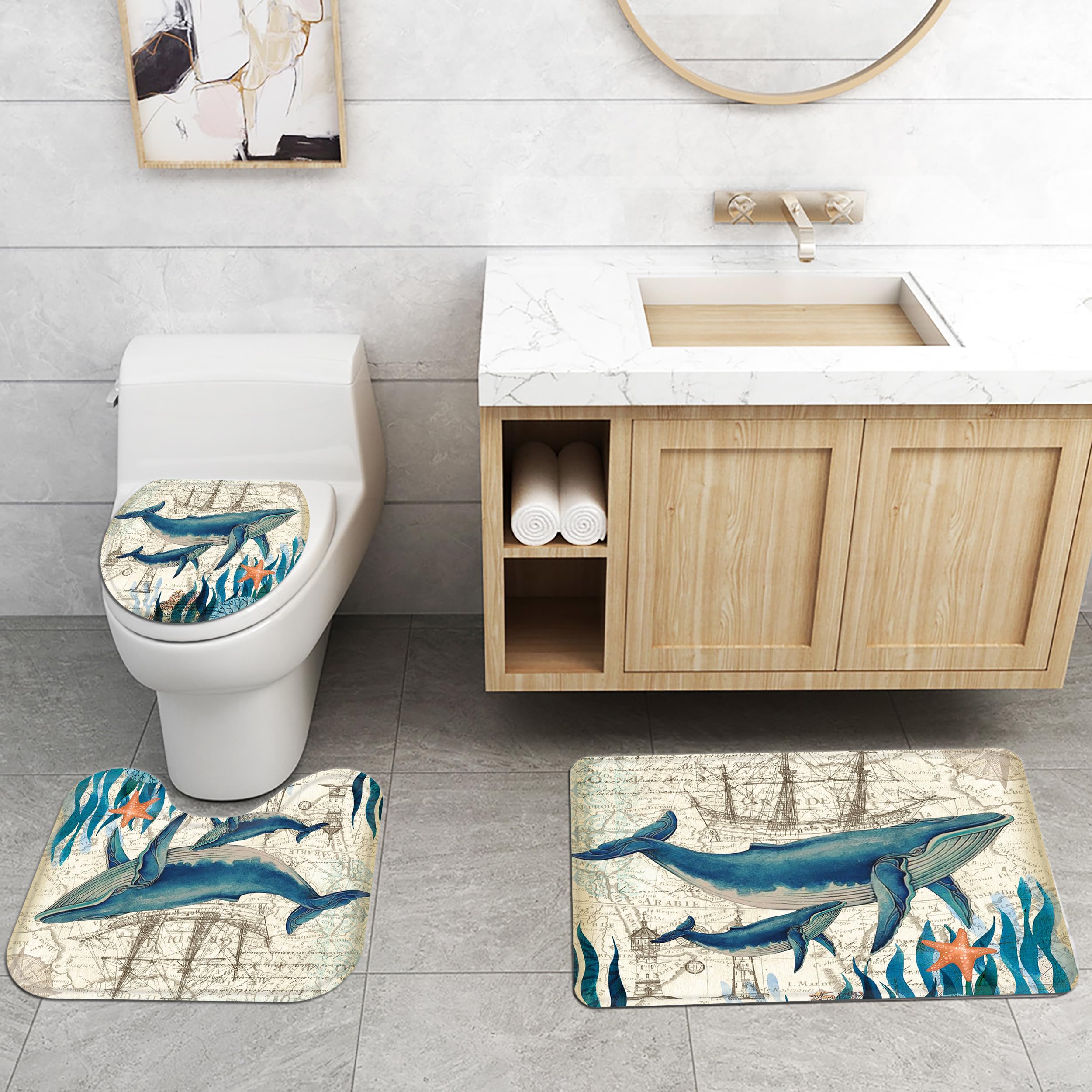 Planially 4Pcs Whale Waterproof Shower Curtain Sets,Ocean Bathroom Sets With Shower Curtain, Toilet Lid Rug, Contour Mat And Bat