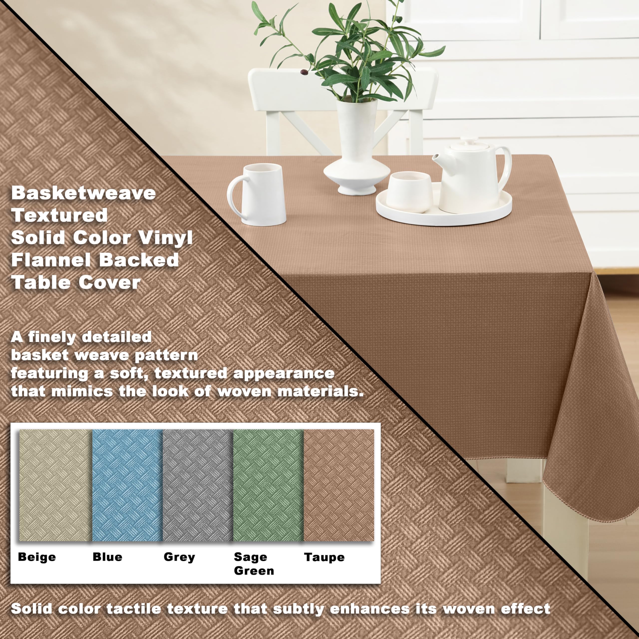 Newbridge Basketweave Solid Color Vinyl Flannel Backed Tablecloth  Basket Weave Textured Look Indoor/Outdoor Waterproof Tablecloth  Patio and Kitchen Dining  52 Inch x 70 Inch Oblong/Rectangle  Taupe