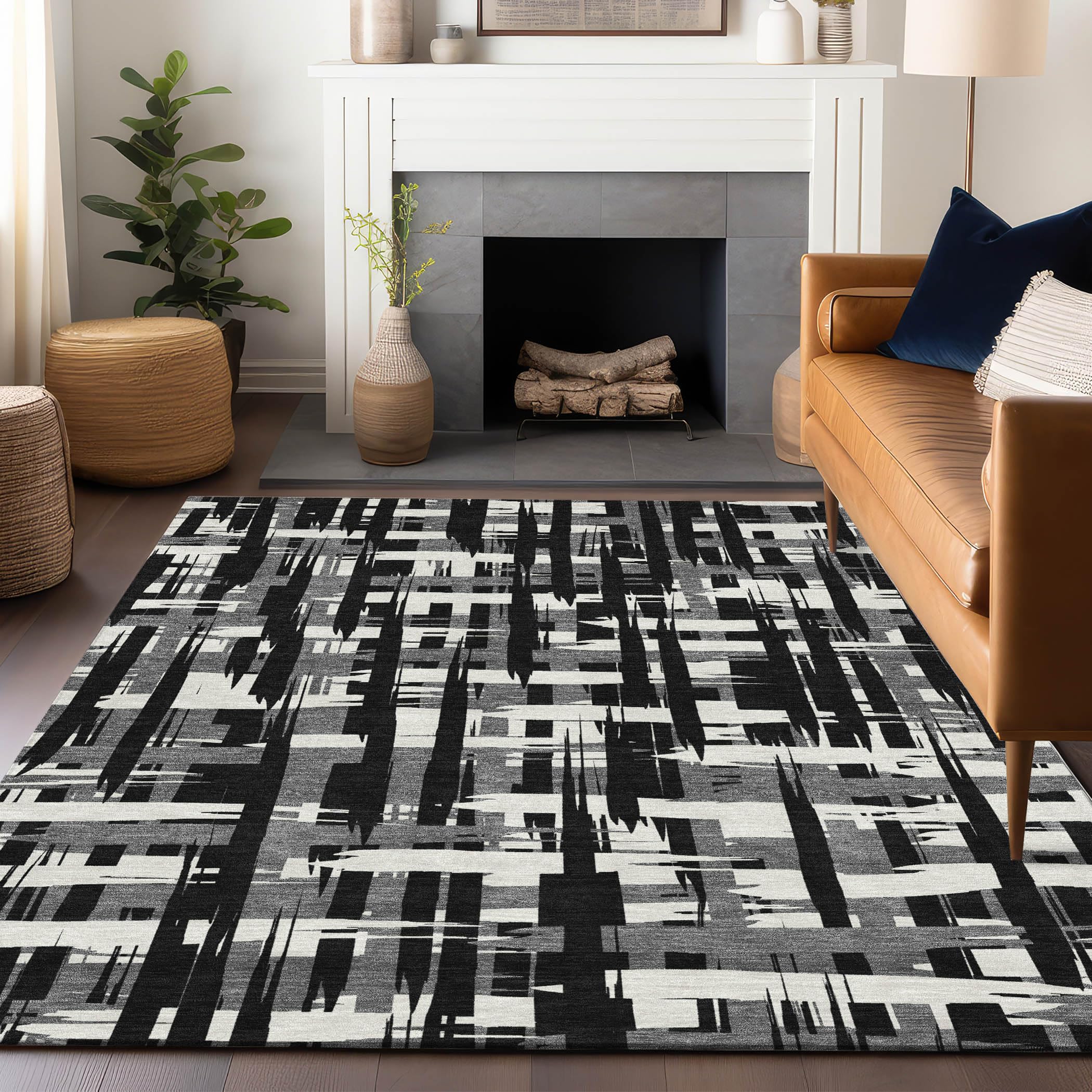 Machine Washable Indoor/Outdoor Chantille Black 10 x 14 Rug