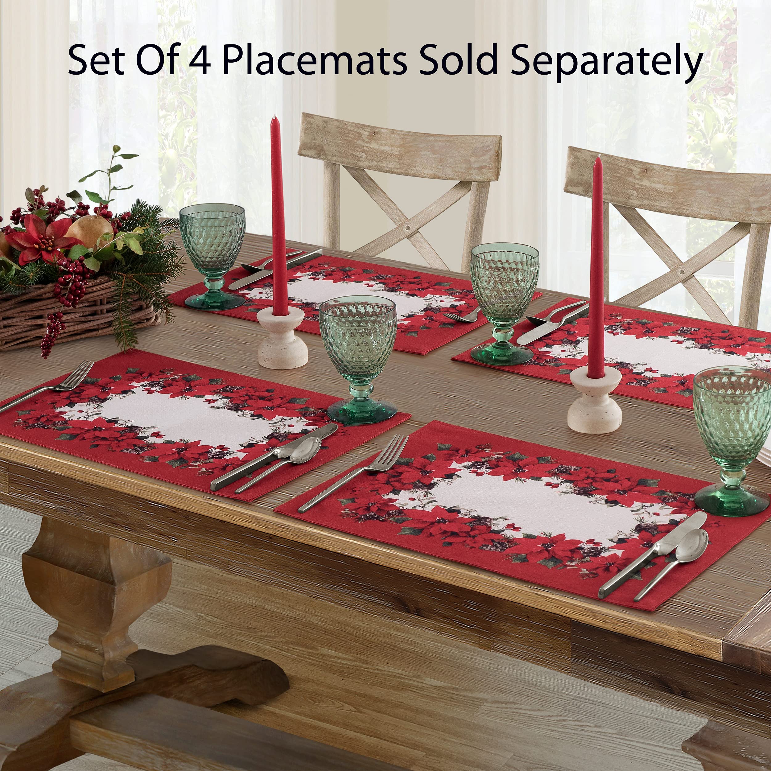 Newbridge Christmas Blooming Poinsettias Double Bordered 60 X 84 Inch Oval Fabric Tablecloth, Holiday Red And White Poinsettia D
