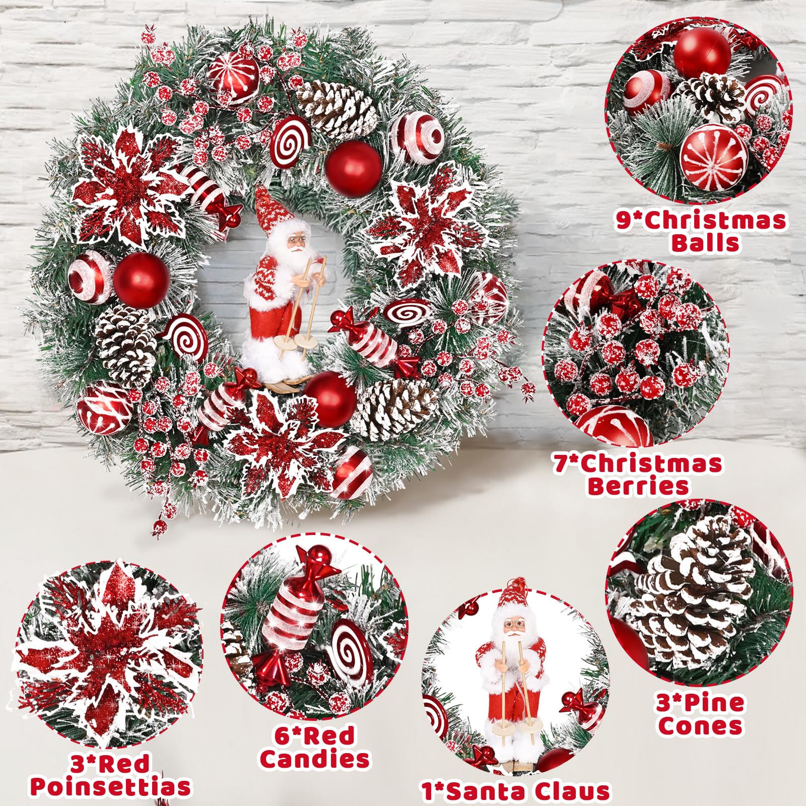 Christmas Wreaths for Front Door, 18 Christmas Wreath with Skiing Santa Claus, Red Poinsettias Christmas Wreath, Christmas Door