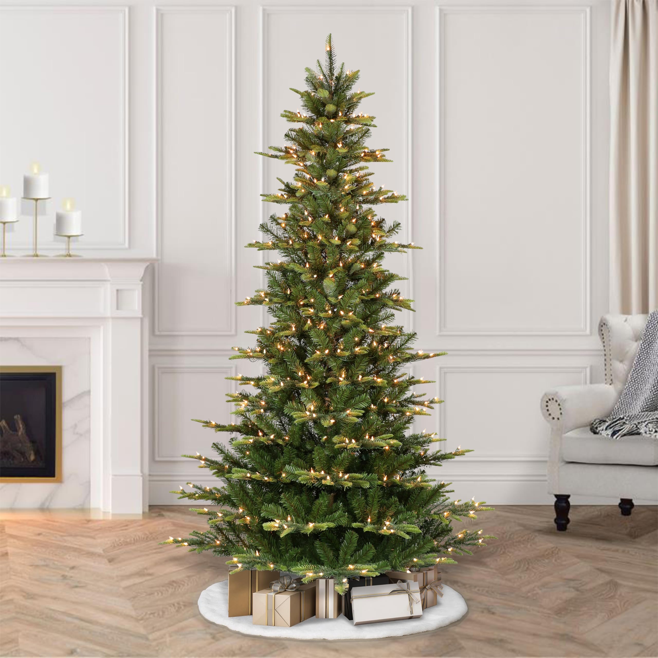 Puleo International 6.5ft Pre-Lit Slim Aspen Fir Artificial Christmas Tree with 350 Clear Lights, 760 Realistic Dense Branch Tip