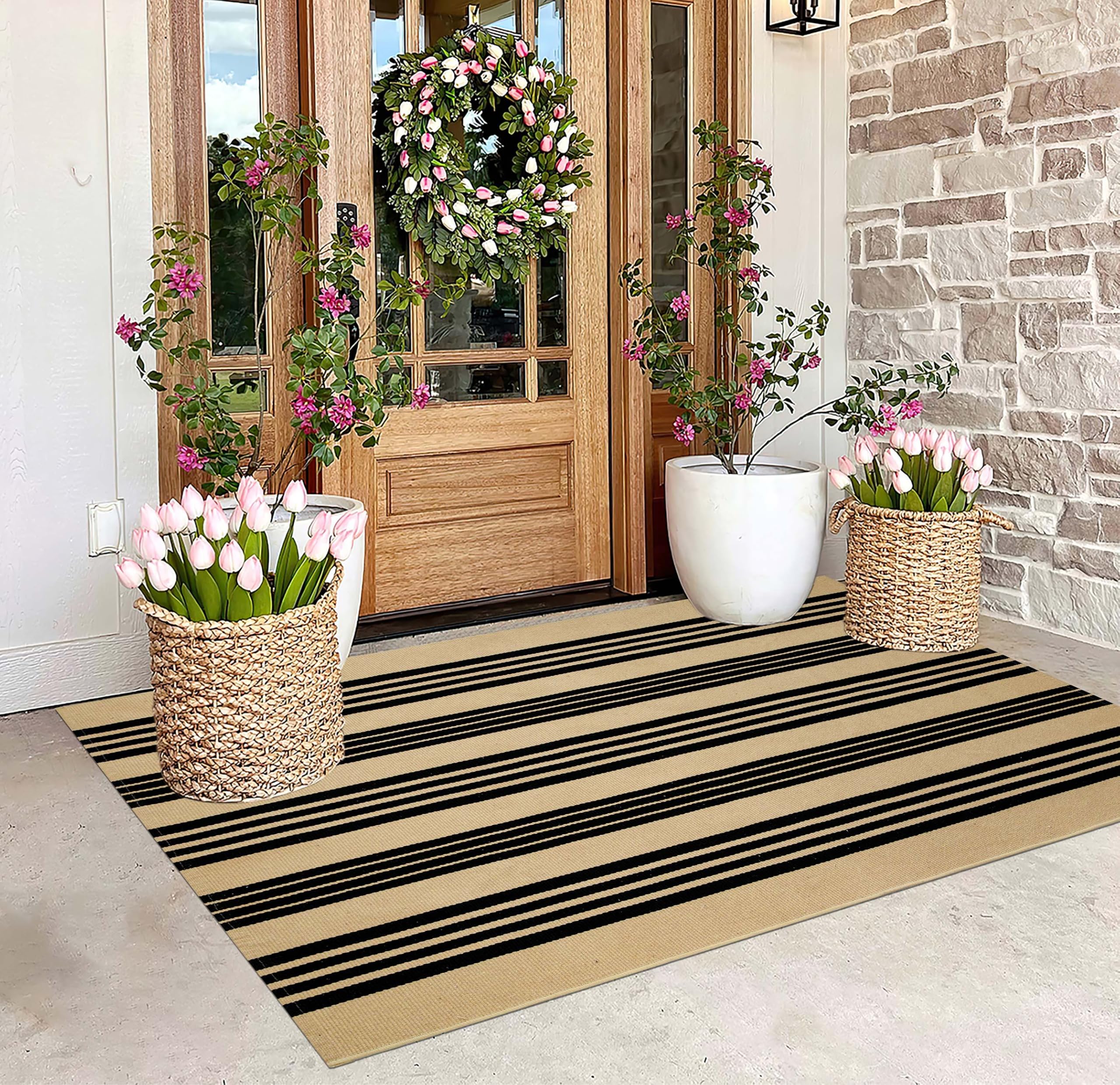 BUAGETUP Outdoor Rug 3x 5,Khaki and Black Striped Area Rug Cotton Woven Washable Rug Indoor/Outdoor Area Rug Floor Mat for Far