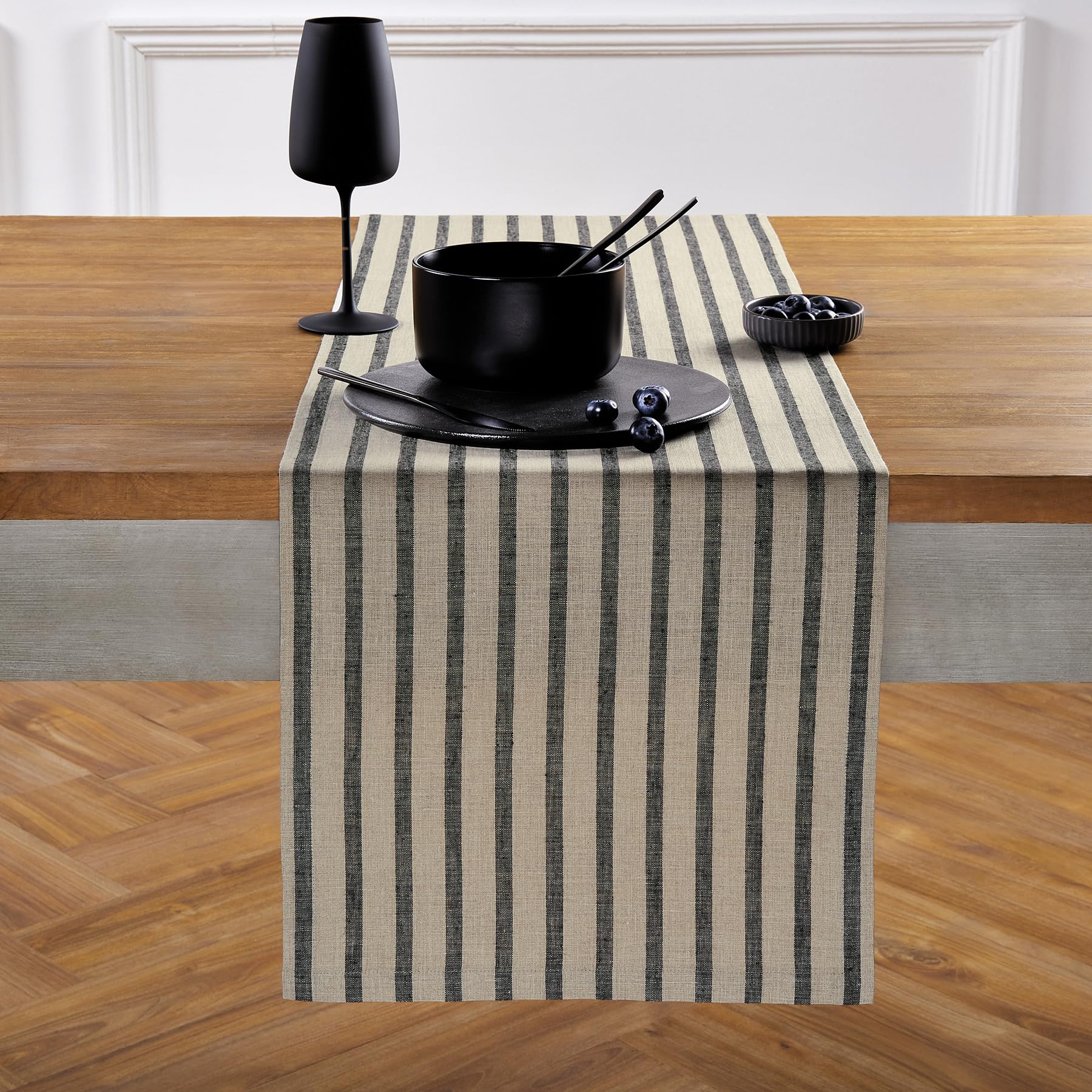 Solino Home Stripe Linen Table Runner 36 Inch - 100% Pure Linen Black And Natural Short Table Runner 14 X 36 Inch Ideal For Dres