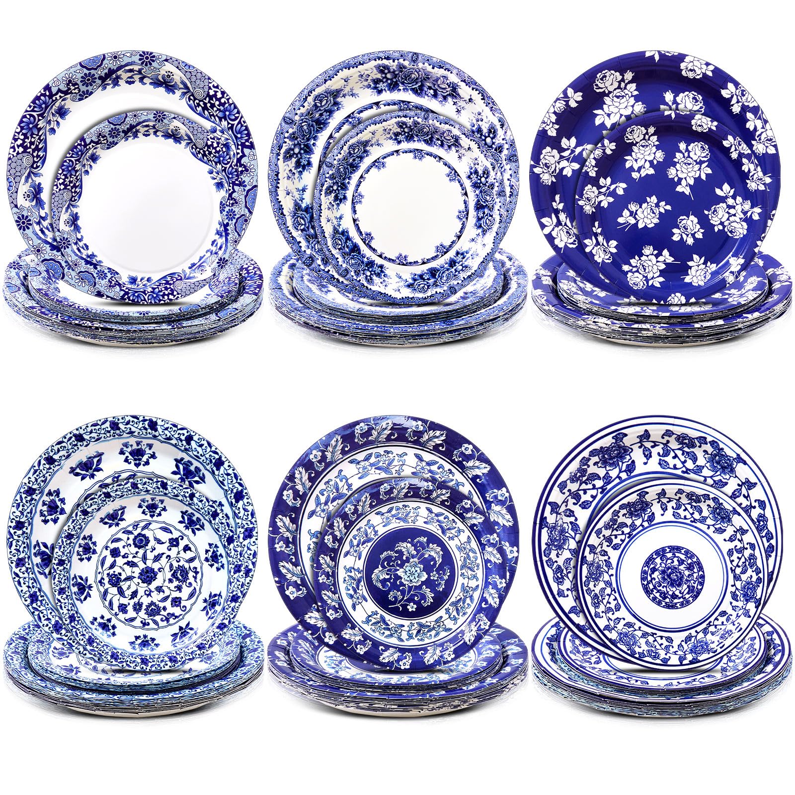 Havawish 144 Pcs Blue and White Flower Paper Plates 7 Inch 9 Inch Blue and White Chinoiserie Paper Plates Bulk Thick Disposable 
