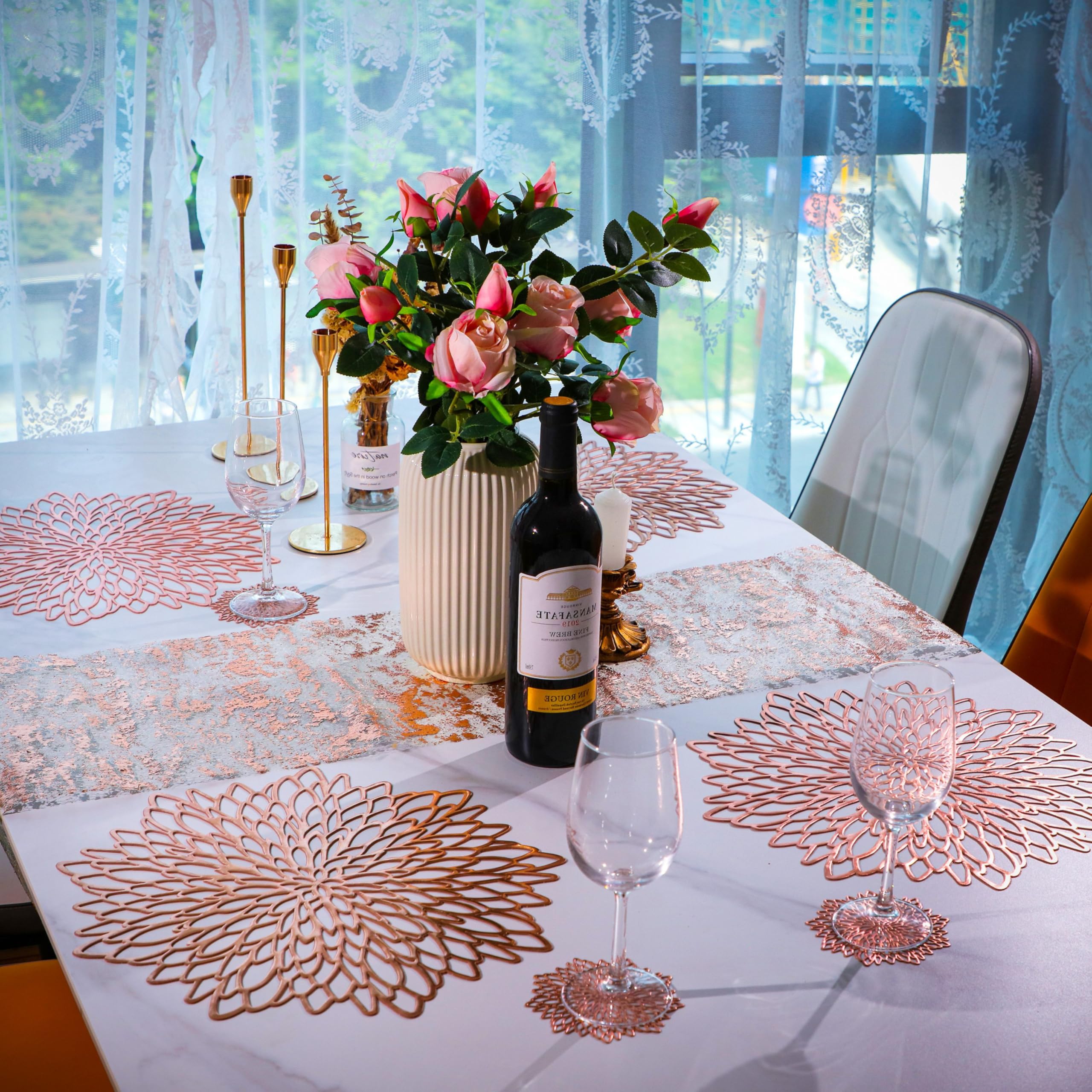Snowkingdom 18 Pairs Rose Gold Placemats & Coasters 36 Pcs Pink Metallic Pressed Vinyl Bulk For Dinning Table Mats Round Floral