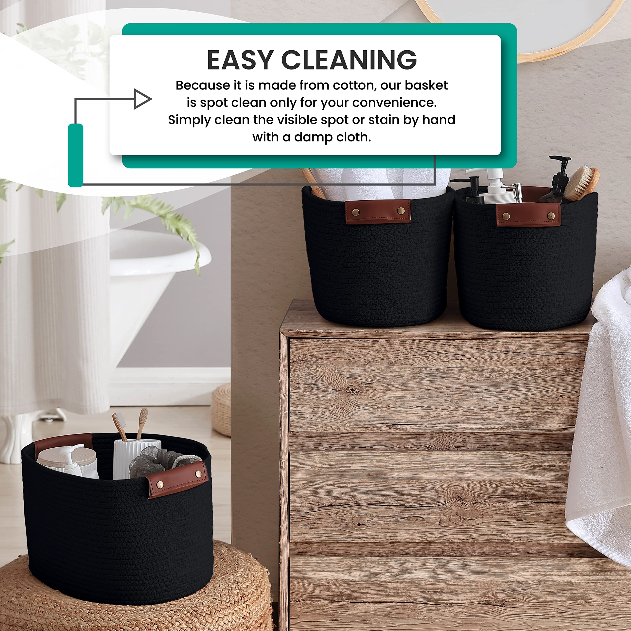 Organizix 3 Pack Cotton Rope Storage Basket Woven Shelf Storage Bin With Faux Leather Handles, Decorative Closet Shelf Woven Bas