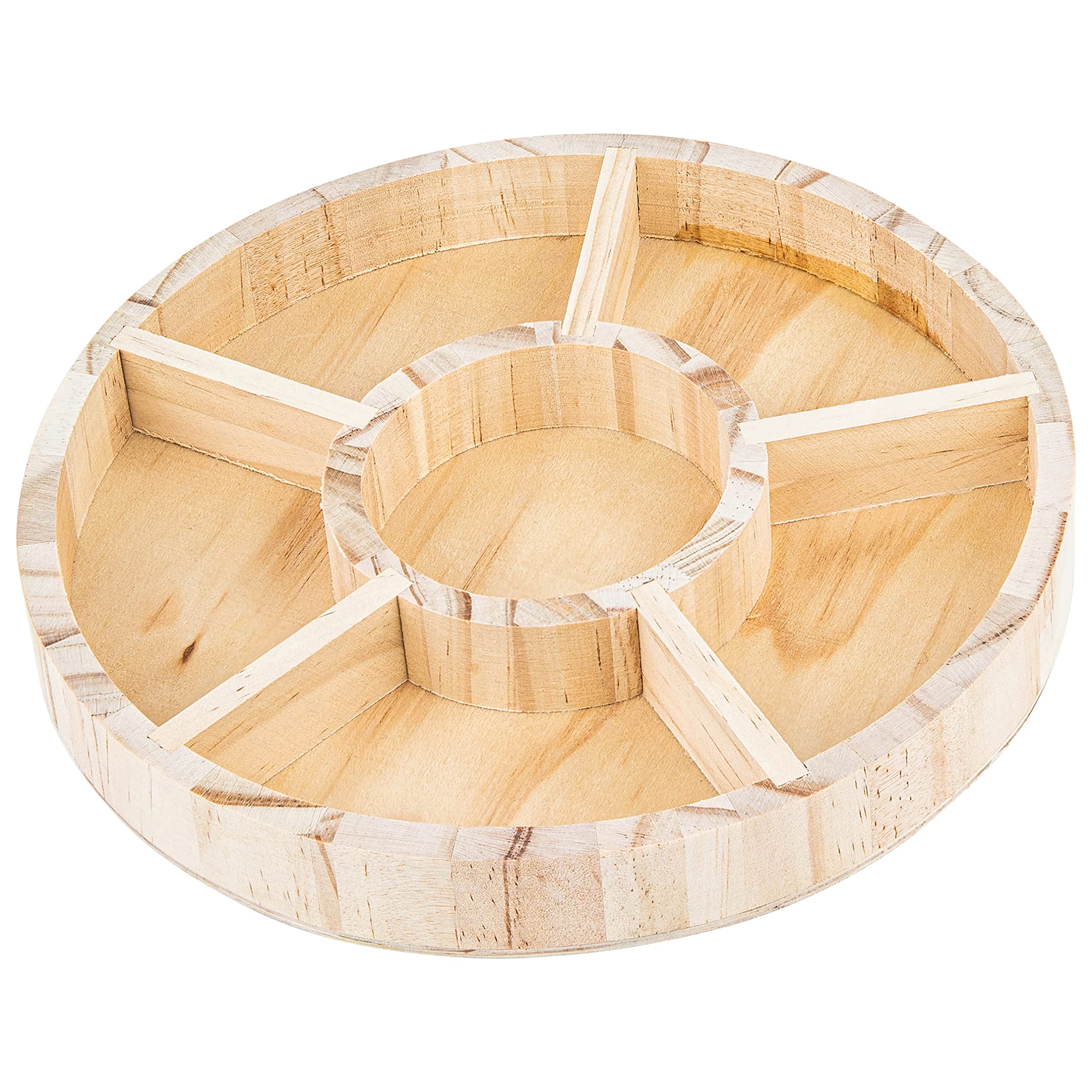 Wooden Tray With 6 Sections - 3 Pack Round Tray Chip And Dip Platter - Divided Serving Tray For Appetizers & Snacks - Veggie Pla