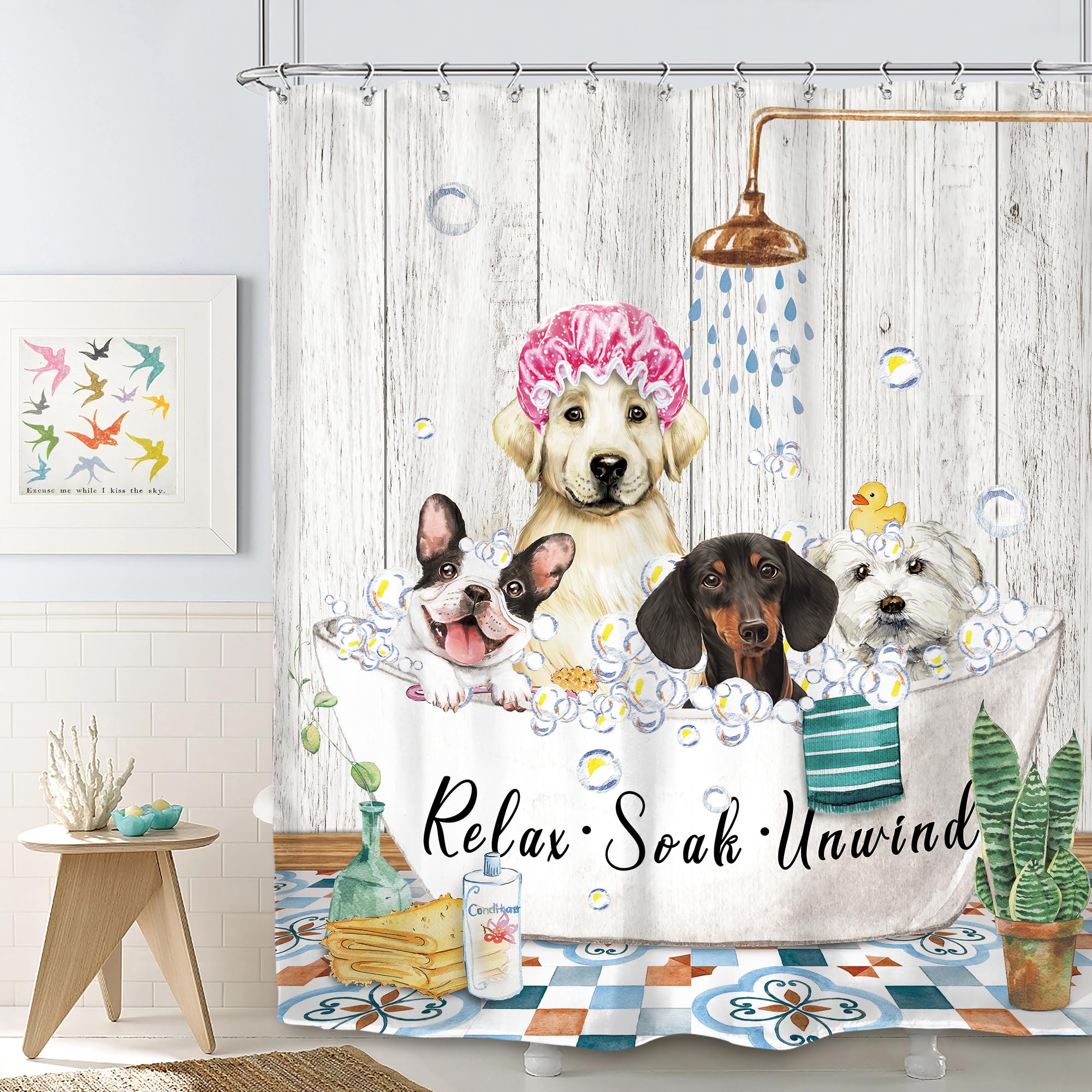 Svbright Funny Dog Shower Curtain 60Wx72L Inch Farmhouse Vintage Cute Animals Puppy Shower Wooden Plank Bubbles Rustic 12 Pack H