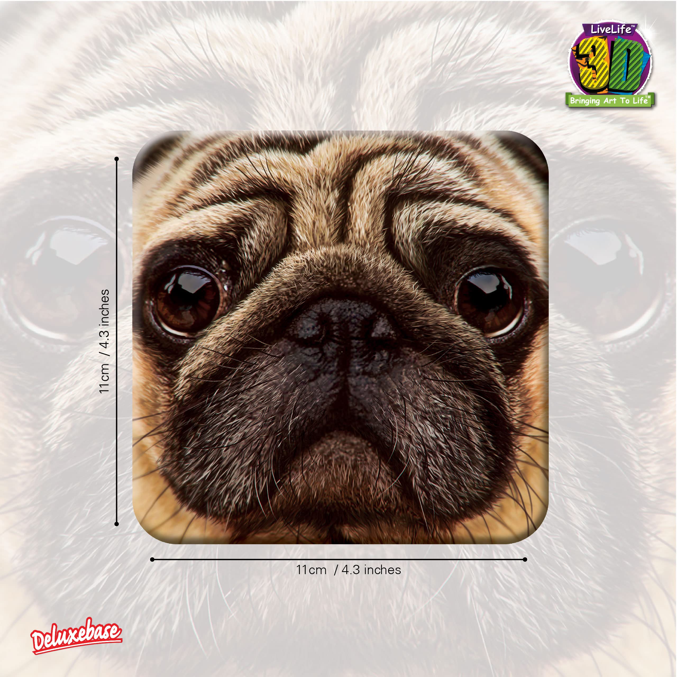 3D Livelife Cork Coaster - Pug From Deluxebase. Drinks Coaster With Lenticular 3D Animal Image. Non-Slip Protective Table Drink