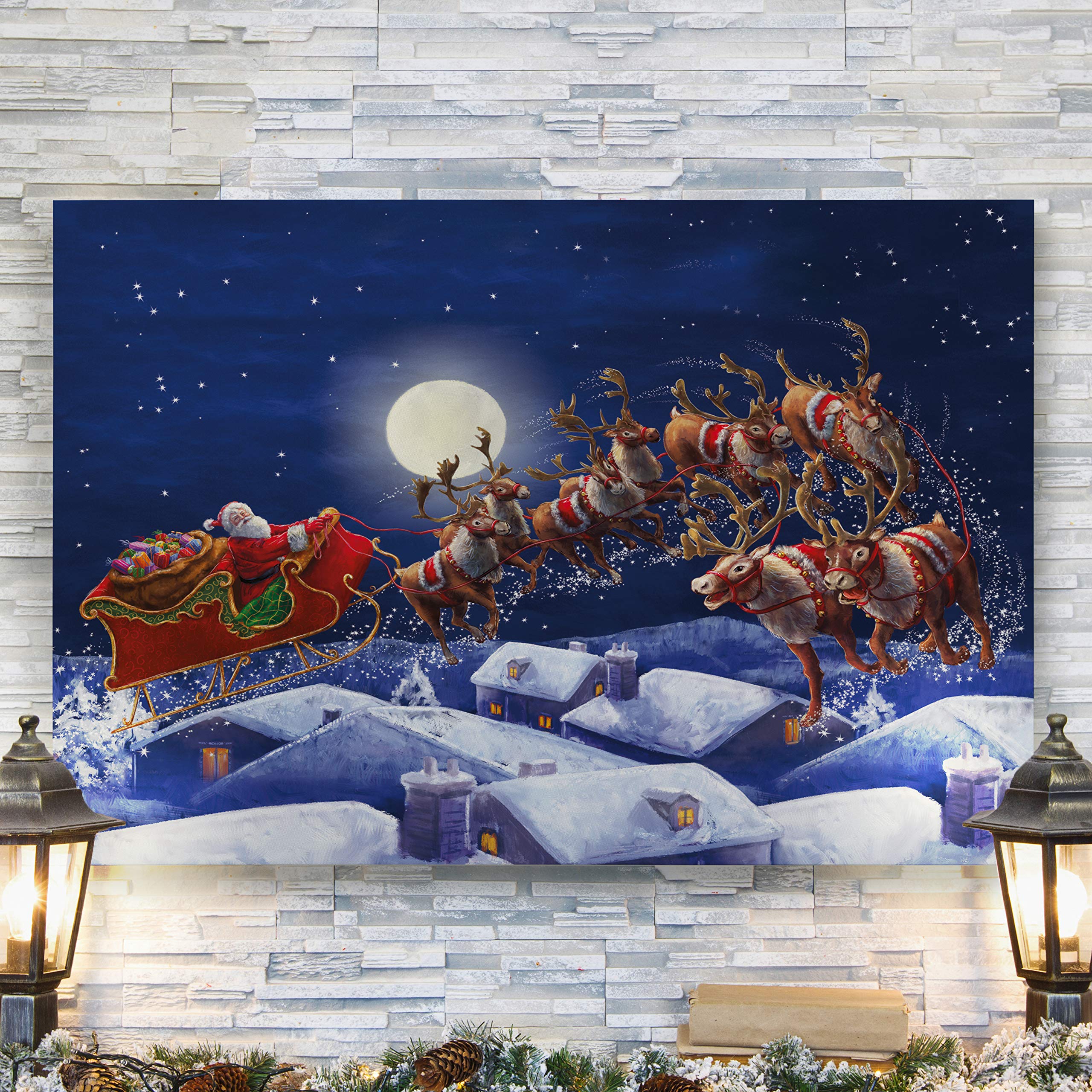 Renditions Gallery Gallery Wrapped Canvas Christmas Wall Art Print For Holiday Decor, 36X48, Santa With Sleigh