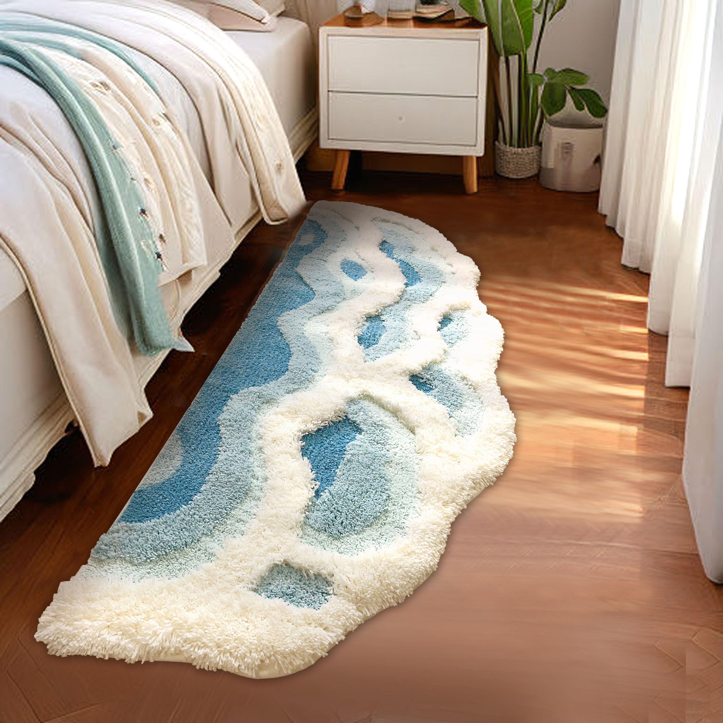 Zshifang Soft Shag 3D Stereo Wave Moss Bedside Rug 20''  36'' Cute Navy Blue Runner Rug Non Slip Washable Bathroom Rugs Bath Mat