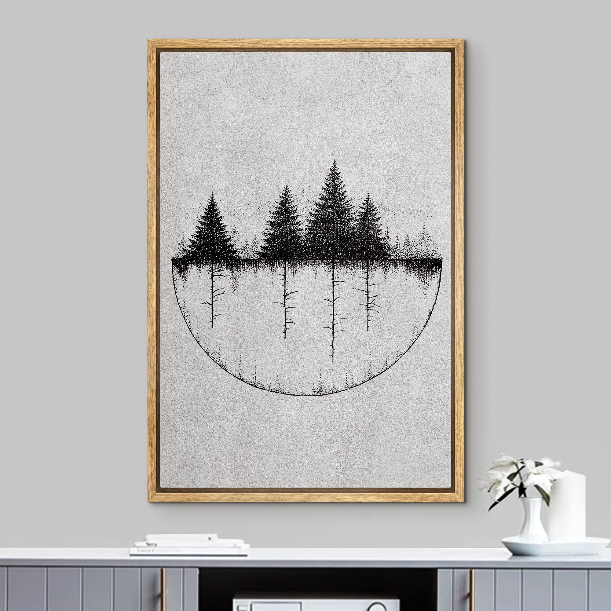 NWT Framed Canvas Print Wall Art Sketch Style Inverted Forest Trees Nature Wilderness Photography Realism Minimalist Scenic Black and White for Living Room  Bedroom  Office - 16''x24'' Natural