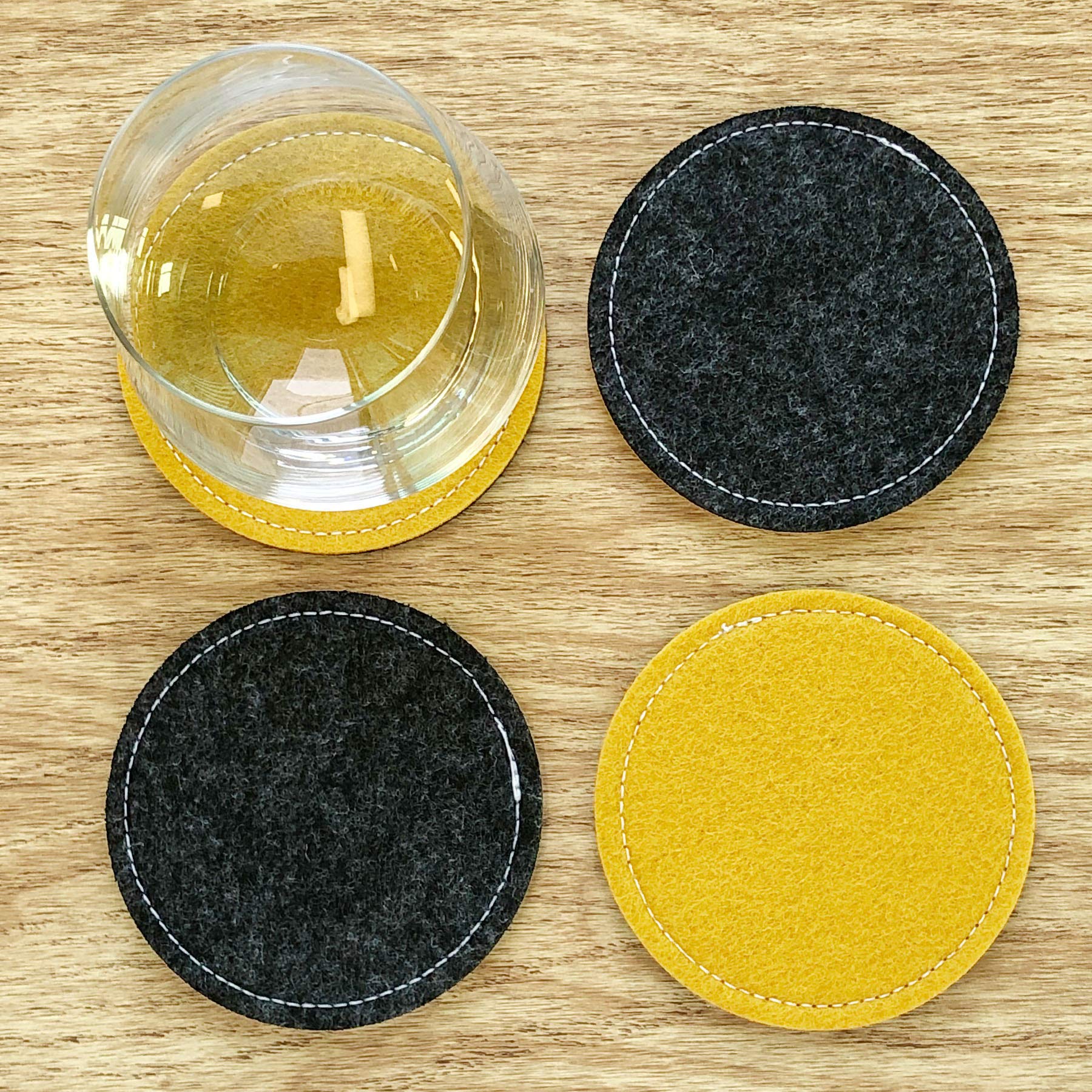 Border Stitching Round Dual-Color Felt Reversible Coaster (Black/Yellow), Set Of 4 Coasters
