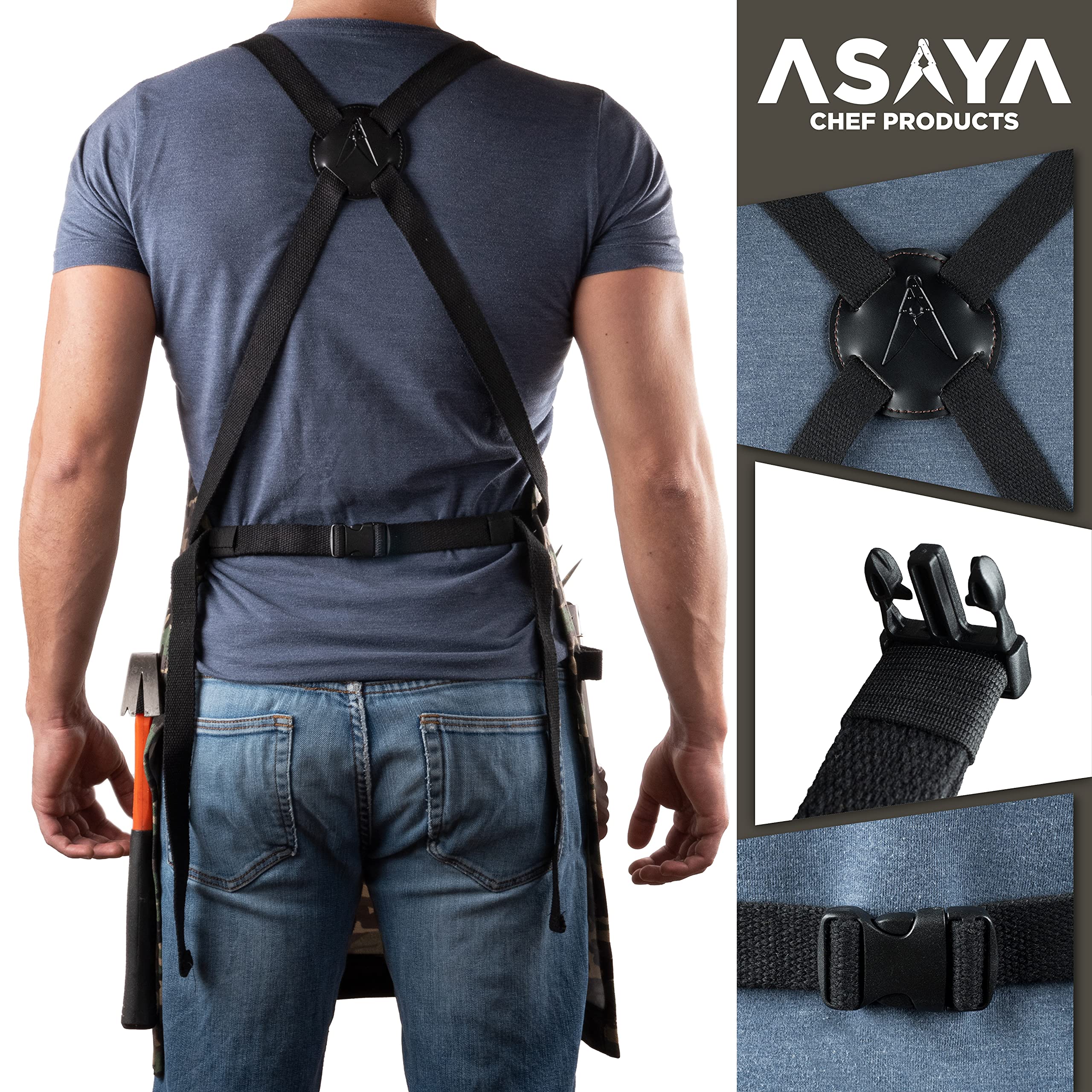 Asaya Chef, Bbq And Work Apron With Bottle Opener And Hand Towel - Durable 10Oz Cotton Canvas, Brass Hardware And Cross Back Str