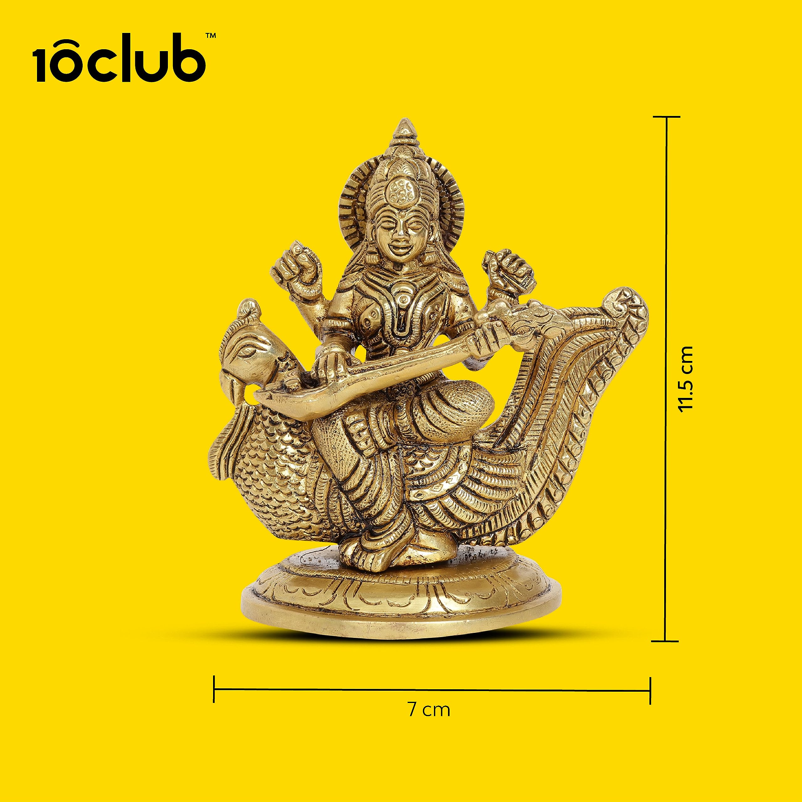 10Club Goddess Saraswati Idol - 1Pc (11.5 cm, 850 Grams) - 100% Pure Brass | Saraswati Sitting on a Peacock for Desk, Pooja, Hom