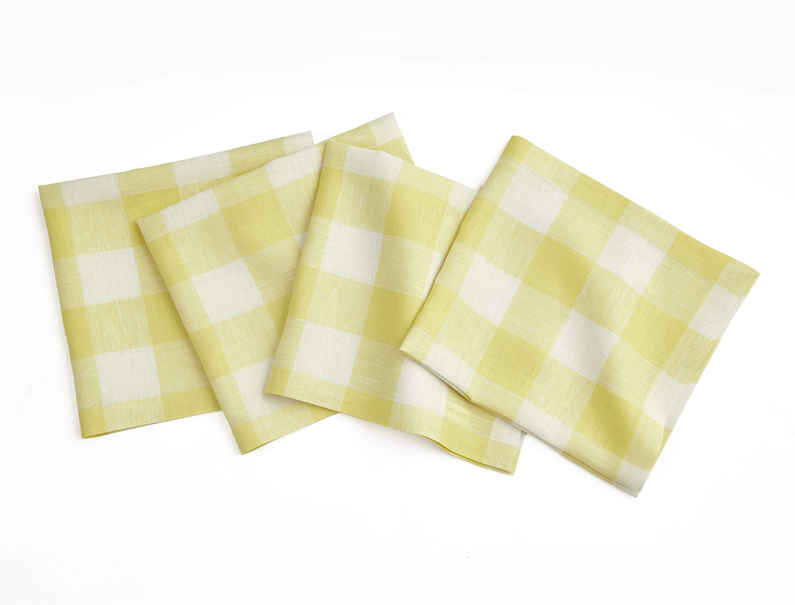 Solino Home Buffalo Check Linen Napkins Set Of 4 - 100% Pure Linen Yellow And White Spring Plaid Napkins 20 X 20 Inch - Machine