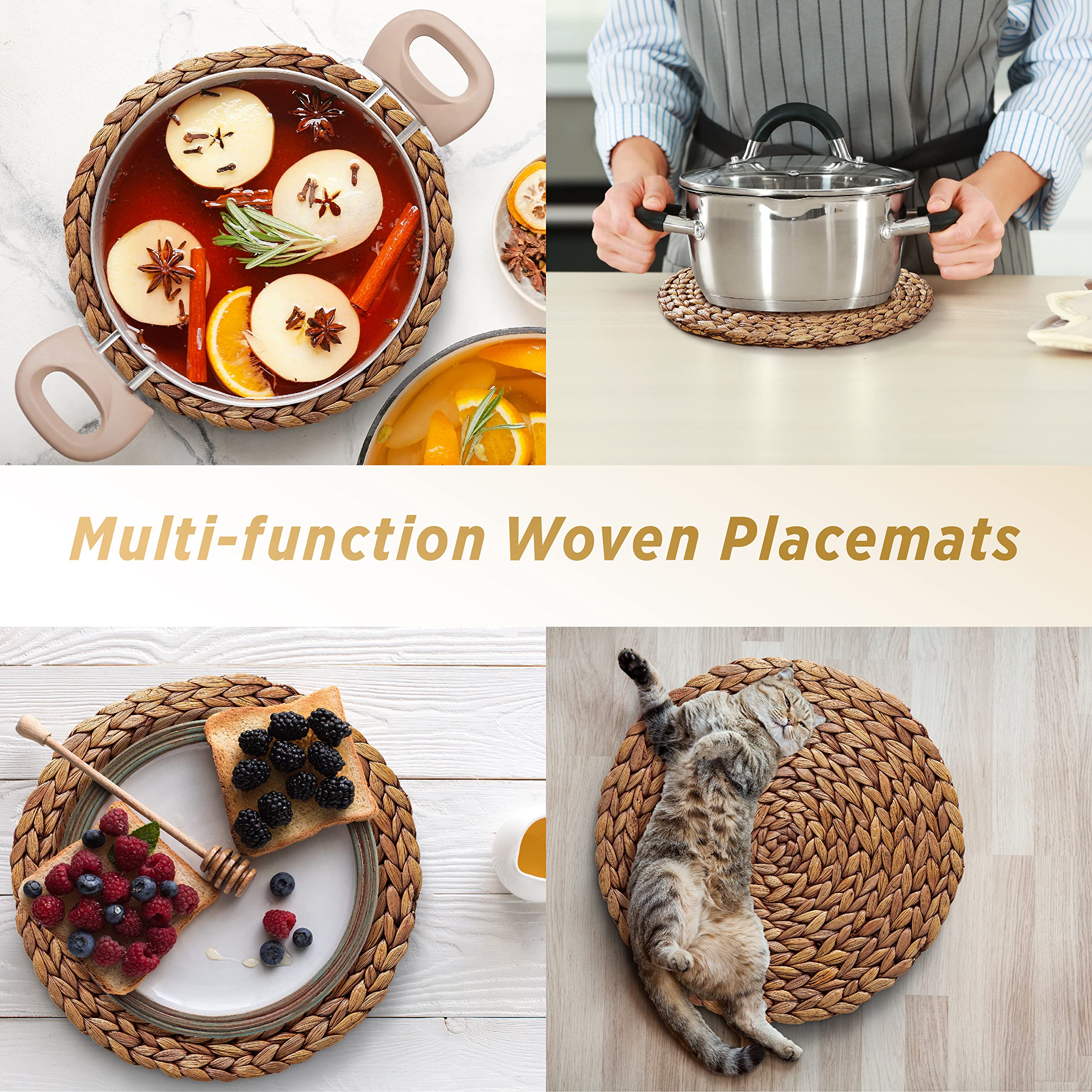 (Sizes: 12''-13''-14'') Bluewest Woven Placemats Set Of 14, Brown Round Rattan Placemats, Wicker Water Hyacinth Placemats, Braid