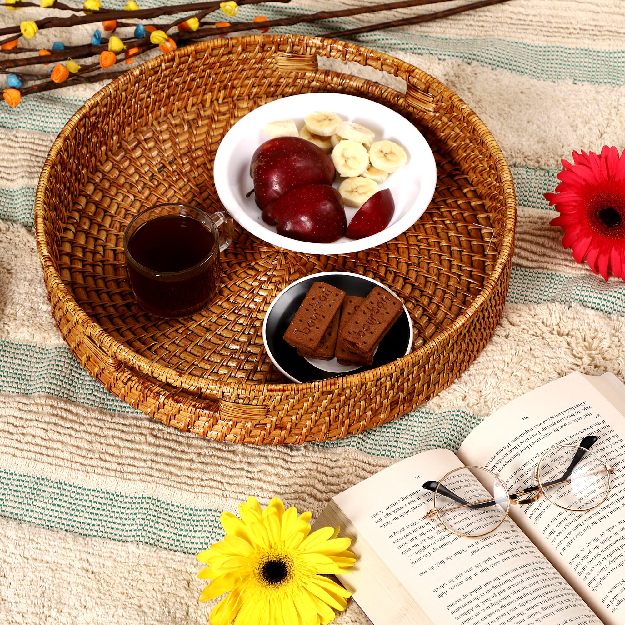 Akway Round Wicker Basket | Tray Wooden Serving Tray For Home | Tray For Party Guests | Round Platter With Handles Diwali Or Dee