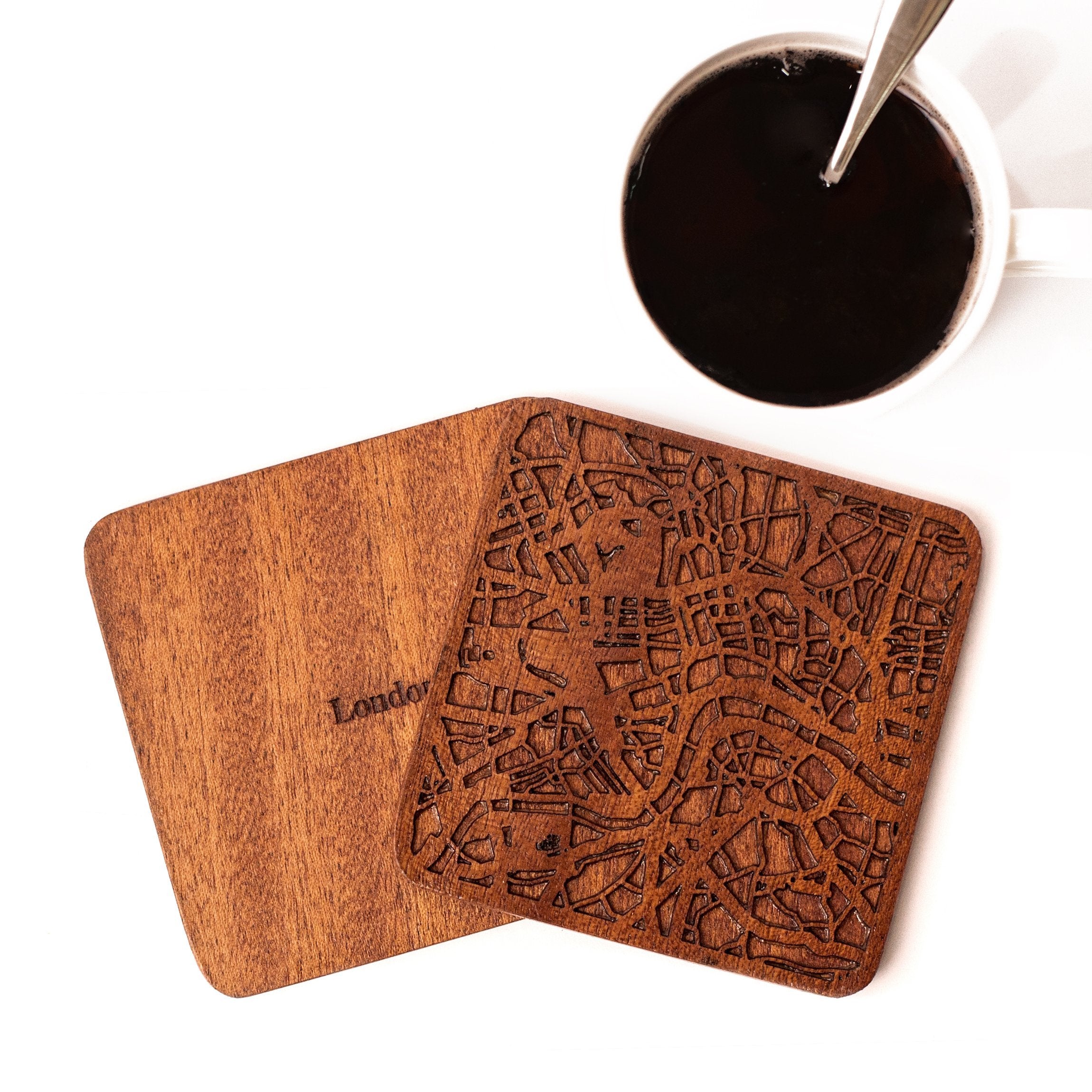 London Map Coaster By O3 Design Studio, Set Of 4, Sapele Wooden Coaster With City Map, Handmade