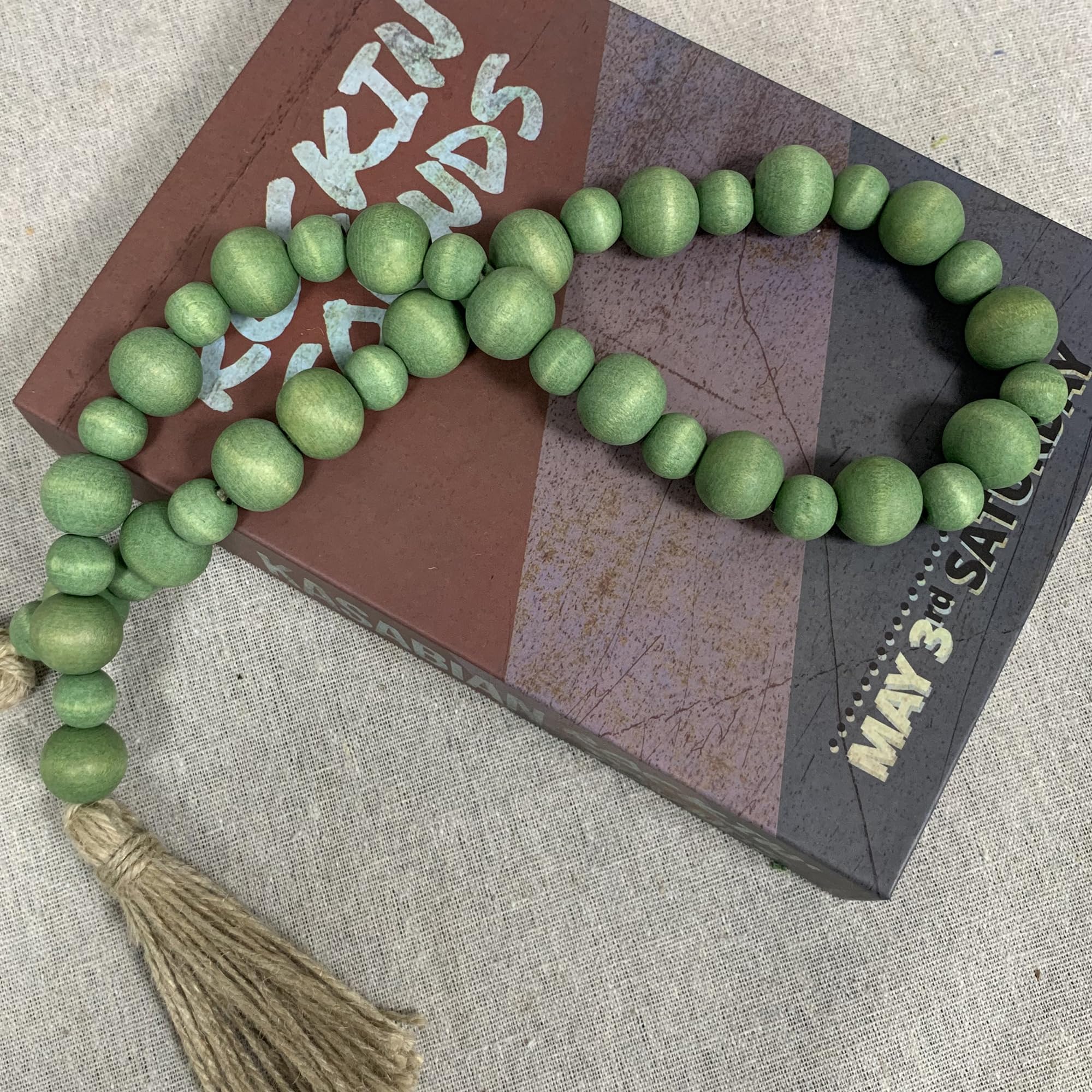 Handcrafted Farmhouse Wooden Decorative Beads Garland, Table Tray Boho Wood Beads with Tassel, Small Rustic Antique Decor for Ho