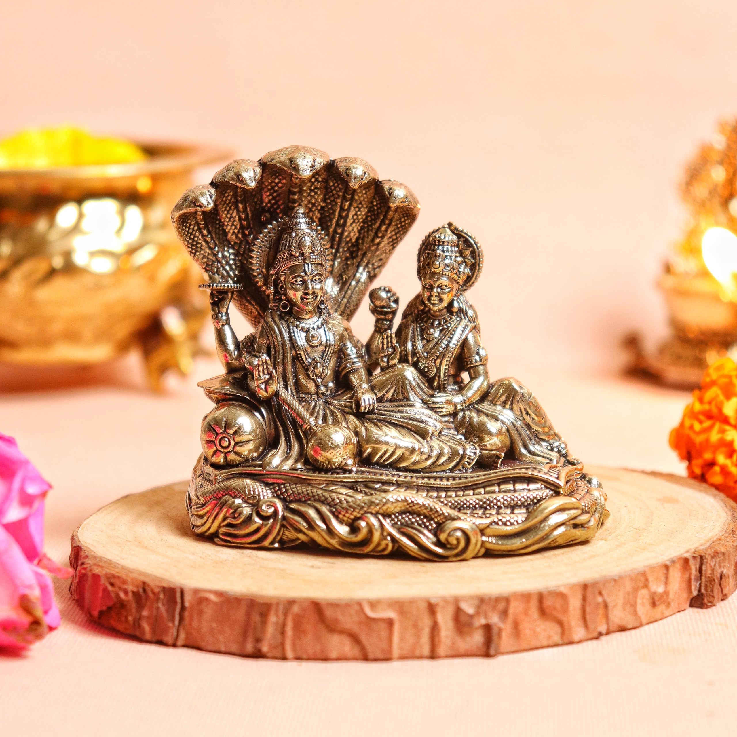 The Spiritual Living Brass Small Vishnu Laxmi Idol | 2 Inch | Statue | Murti | Sheshnag Vishnu Murti | Lakshmi Idol | Laxmi Nara