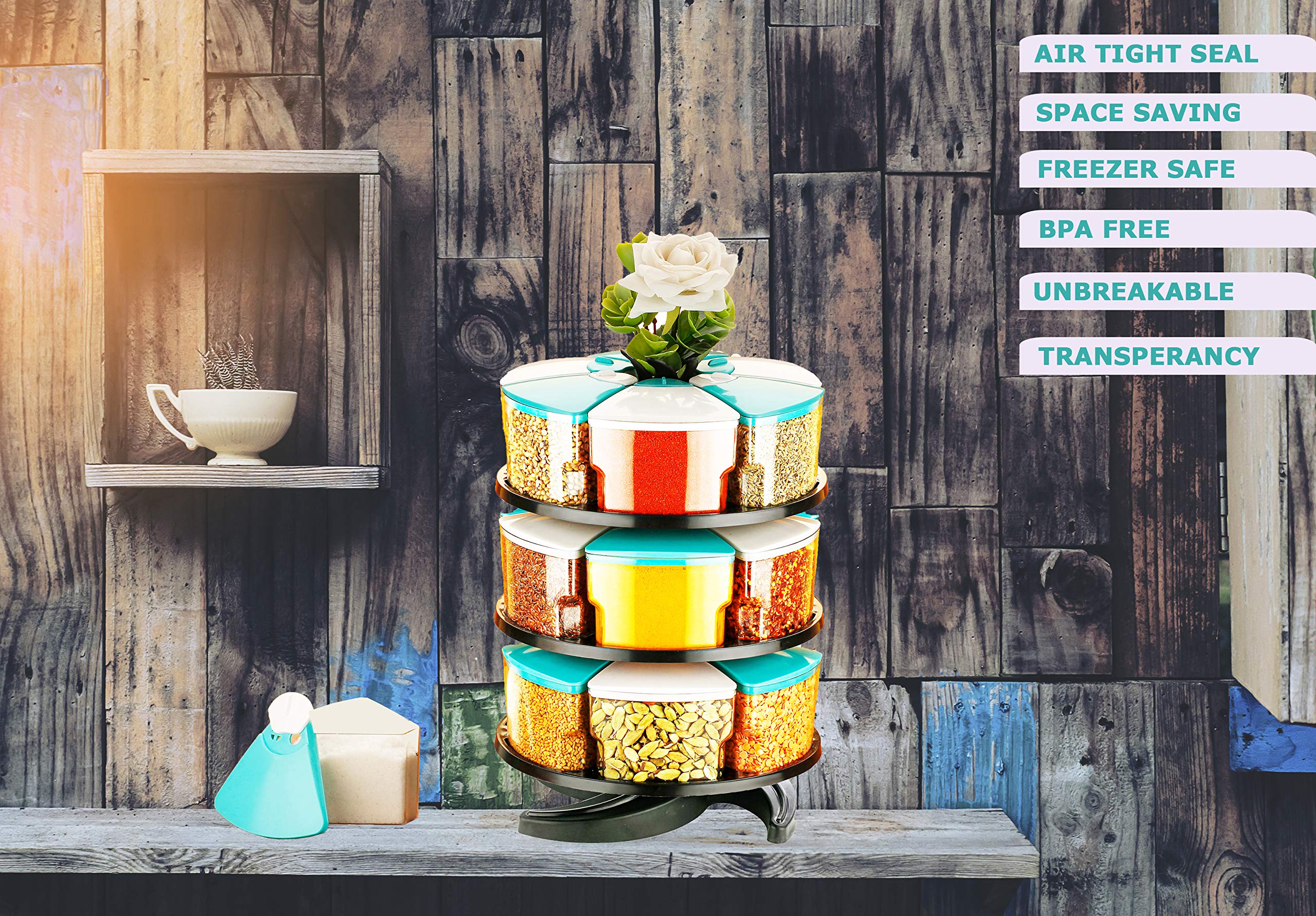 Furious 360 Spice Rack Set of 18 Piece 3 Layer Spice Set -Plastic (White and Blue-18)