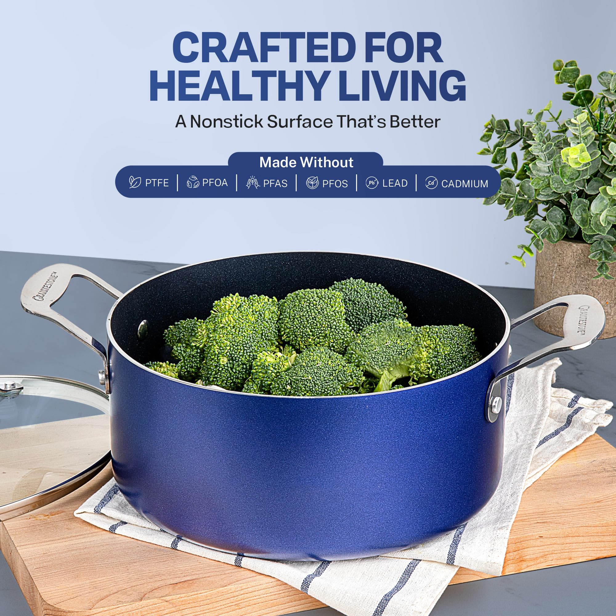 Granitestone 20 Pc Non-Stick Cookware Set, PFOA Free, Blue, Includes Pots, Pans, and Bakeware, Oven & Dishwasher Safe