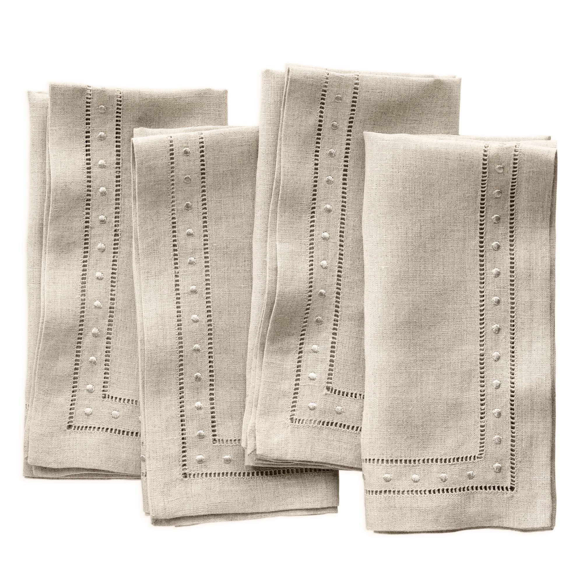 Linen Napkins Set Of 4-100% Pure Linen Natural Embroidered Dinner Napkins 18 X 18 Inch - Classic Hemstitch Cloth Napkins Washabl