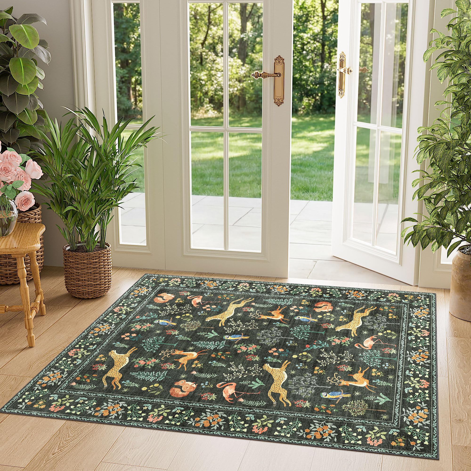DUKINO 3x4 Washable Entryway Rug, Vintage Animal Ultra Soft Kitchen Area Rug with Non Slip Backing, Low Pile & Stain Resistant I