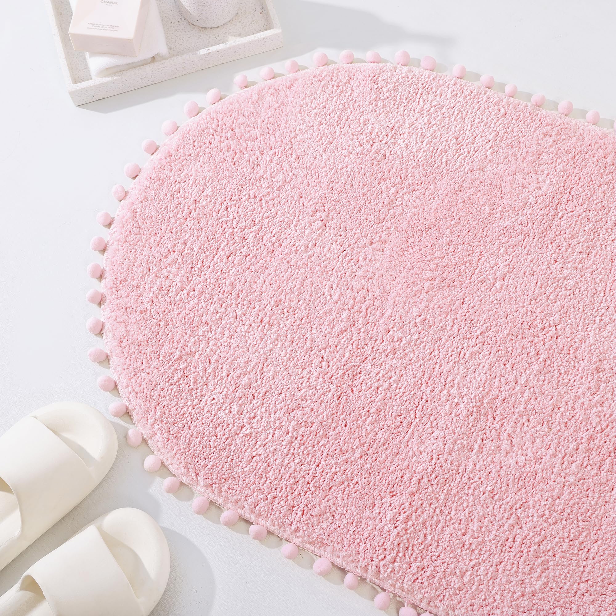 Yirddeo Bath Mat Pink Rug With Pom Oval Bathroom Rugs For Bedroom Non Slip Cute Boho Absorbent Mats Soft Plush Washable Rug (24X
